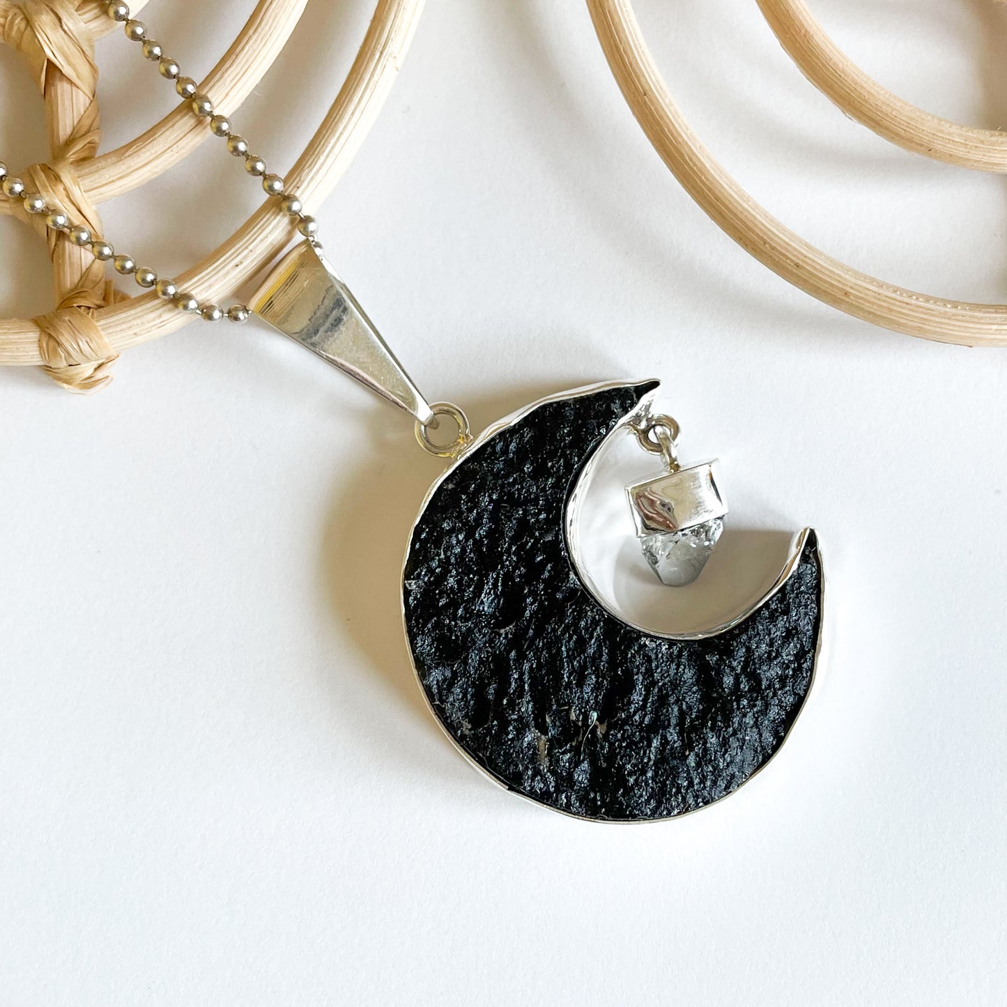 Large Moon & Herkimer Dangle Pendant - Solid Sterling Silver