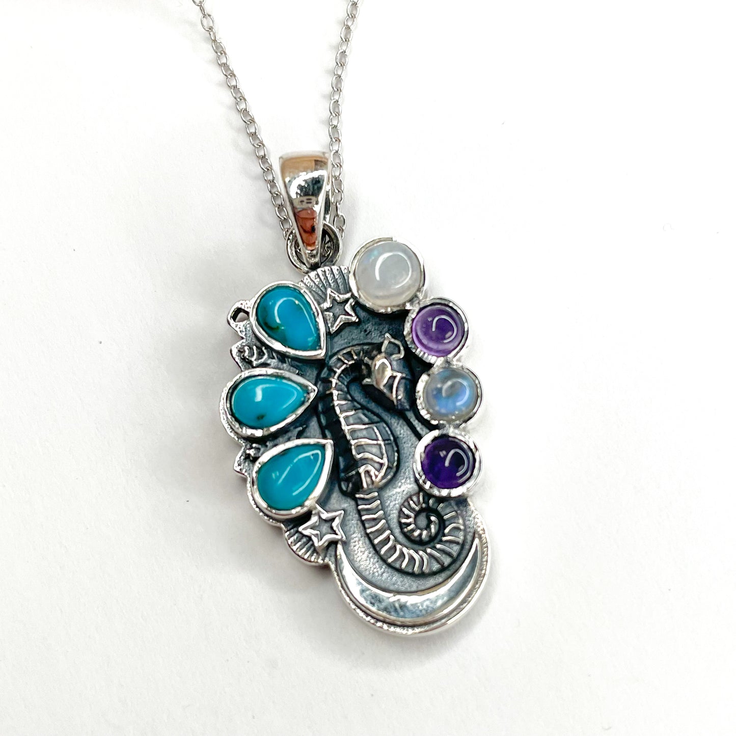 Turquoise & Amethyst Seahorse Pendant - Solid Sterling Silver
