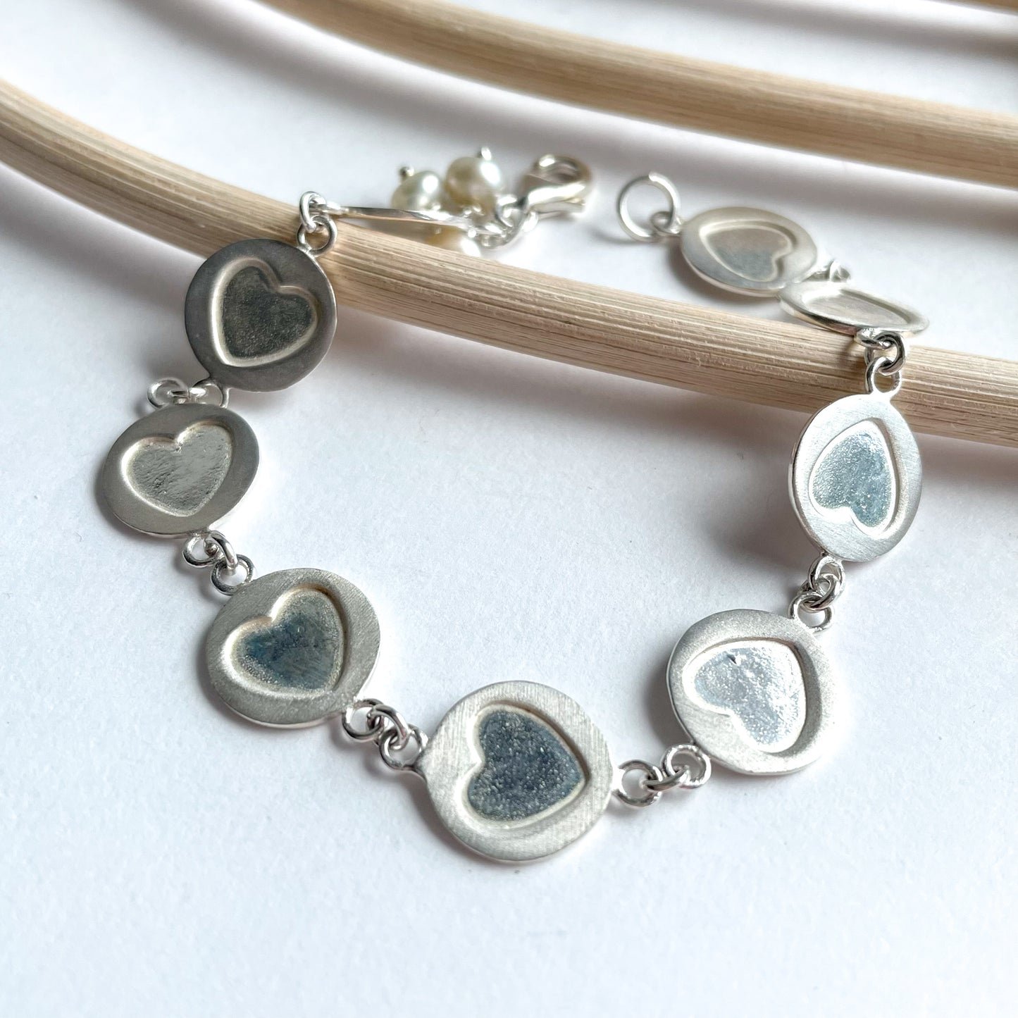 Heart Disk Bracelet and Pearls Charm - Solid Sterling Silver