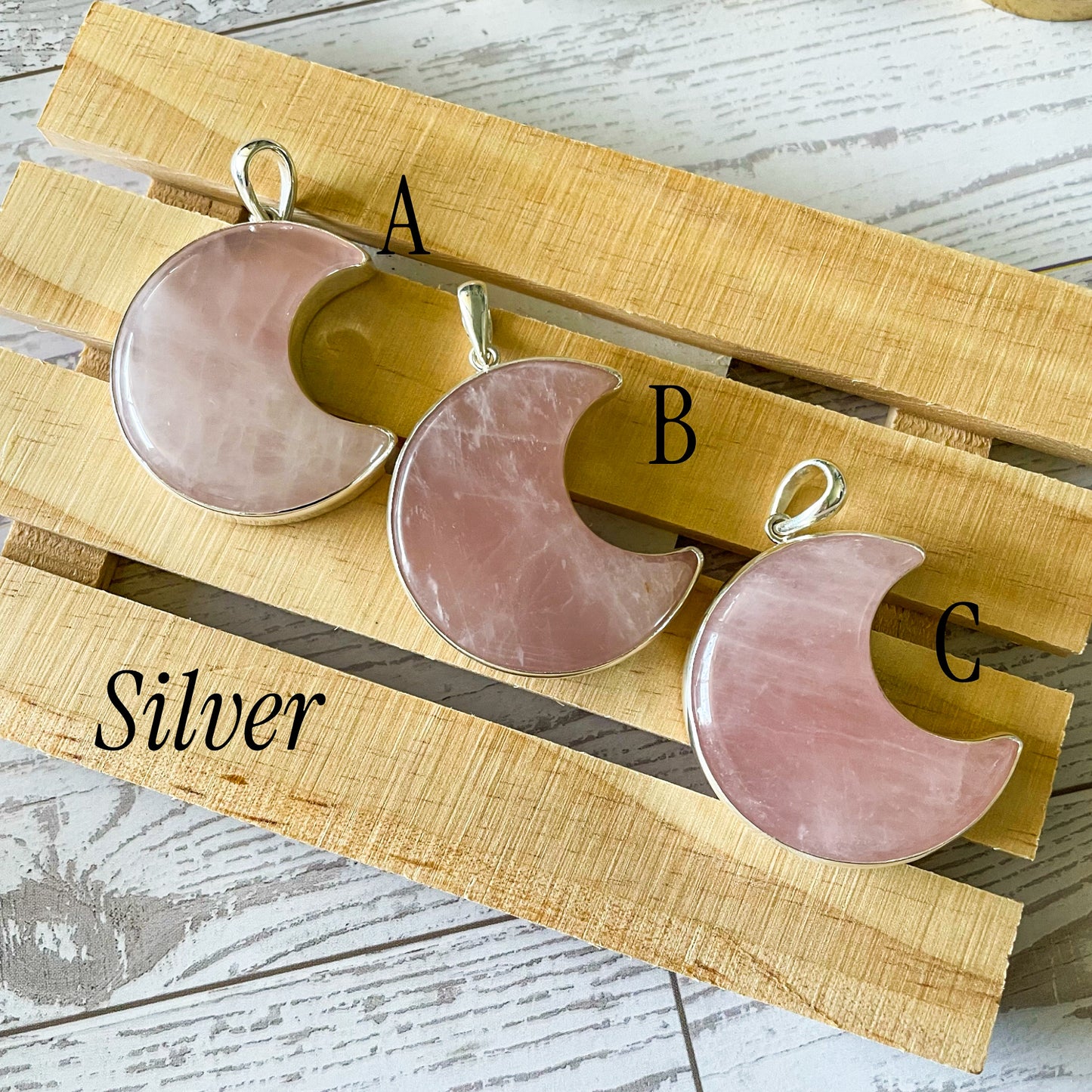 Rose Quartz Crescent Moon Pendant - Both Metals