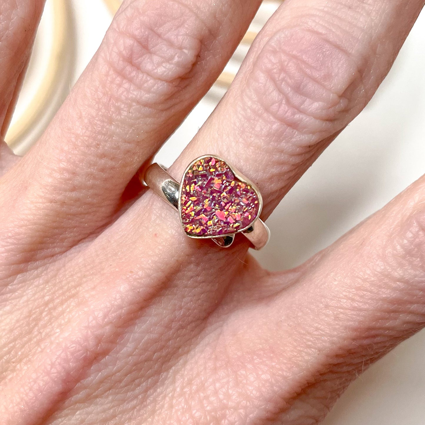 Aurora Treated Druzy Heart Ring - Solid Sterling Silver
