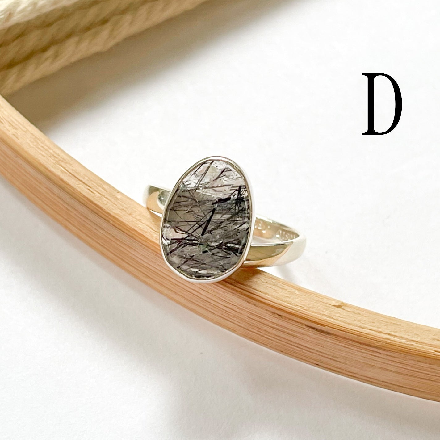 Black Rutile Rose Cut Ring - Solid Sterling Silver