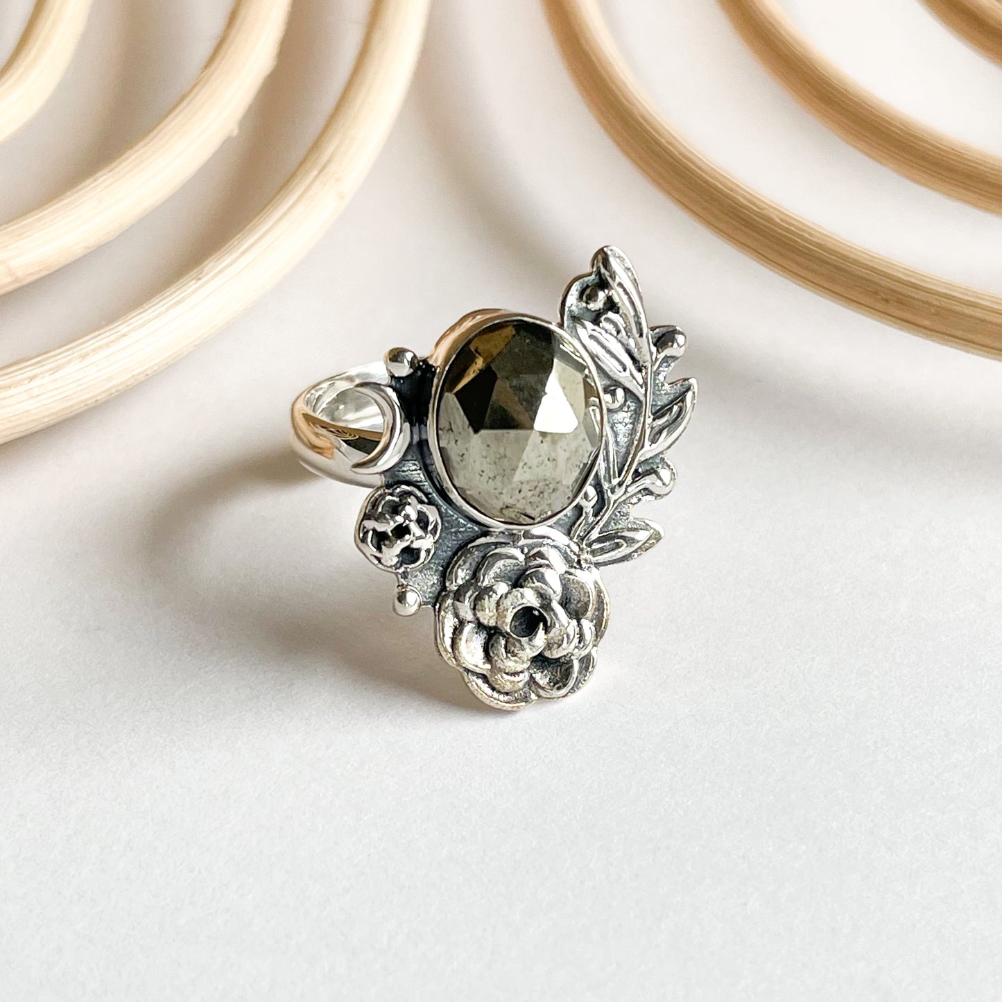 Pyrite Floral Ring - Solid Sterling Silver