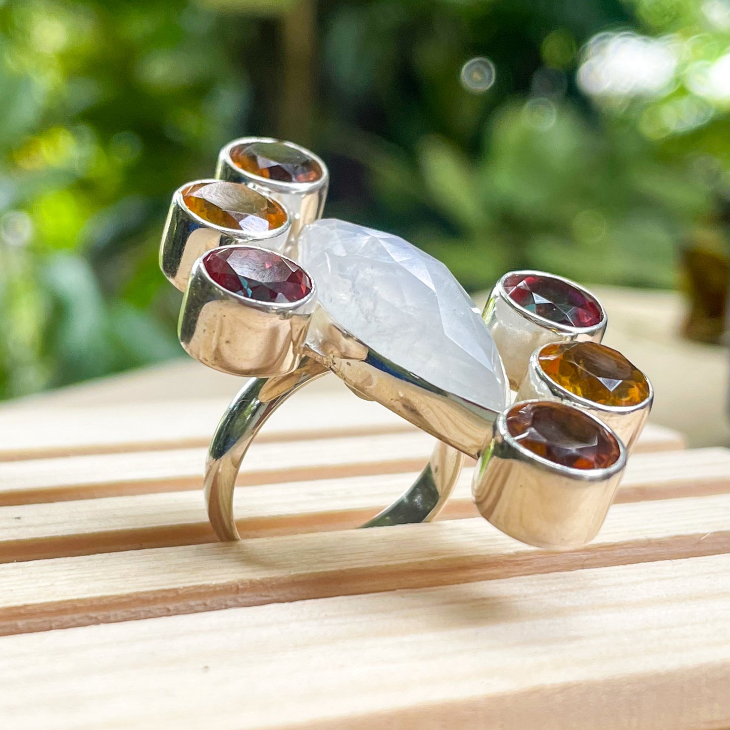 Rainbow Moonstone & Quartz Statement Ring - Solid Sterling Silver