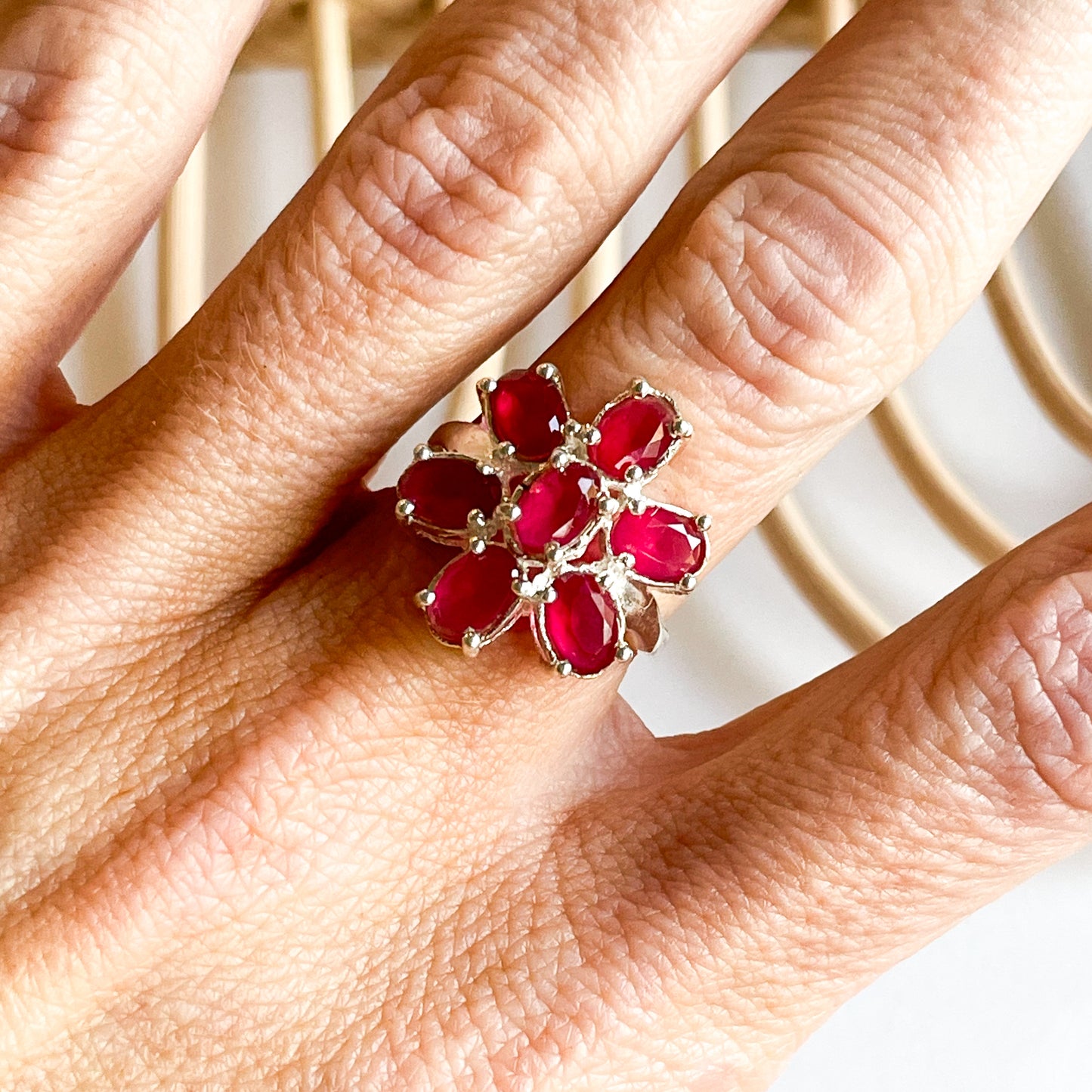 Pink Sapphire Flower Ring - Solid Sterling Silver