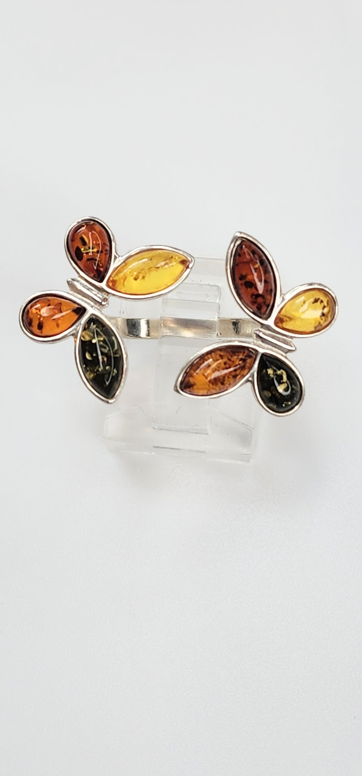 Dainty Amber Butterfly Bypass Adjustable Ring - Solid Sterling Silver