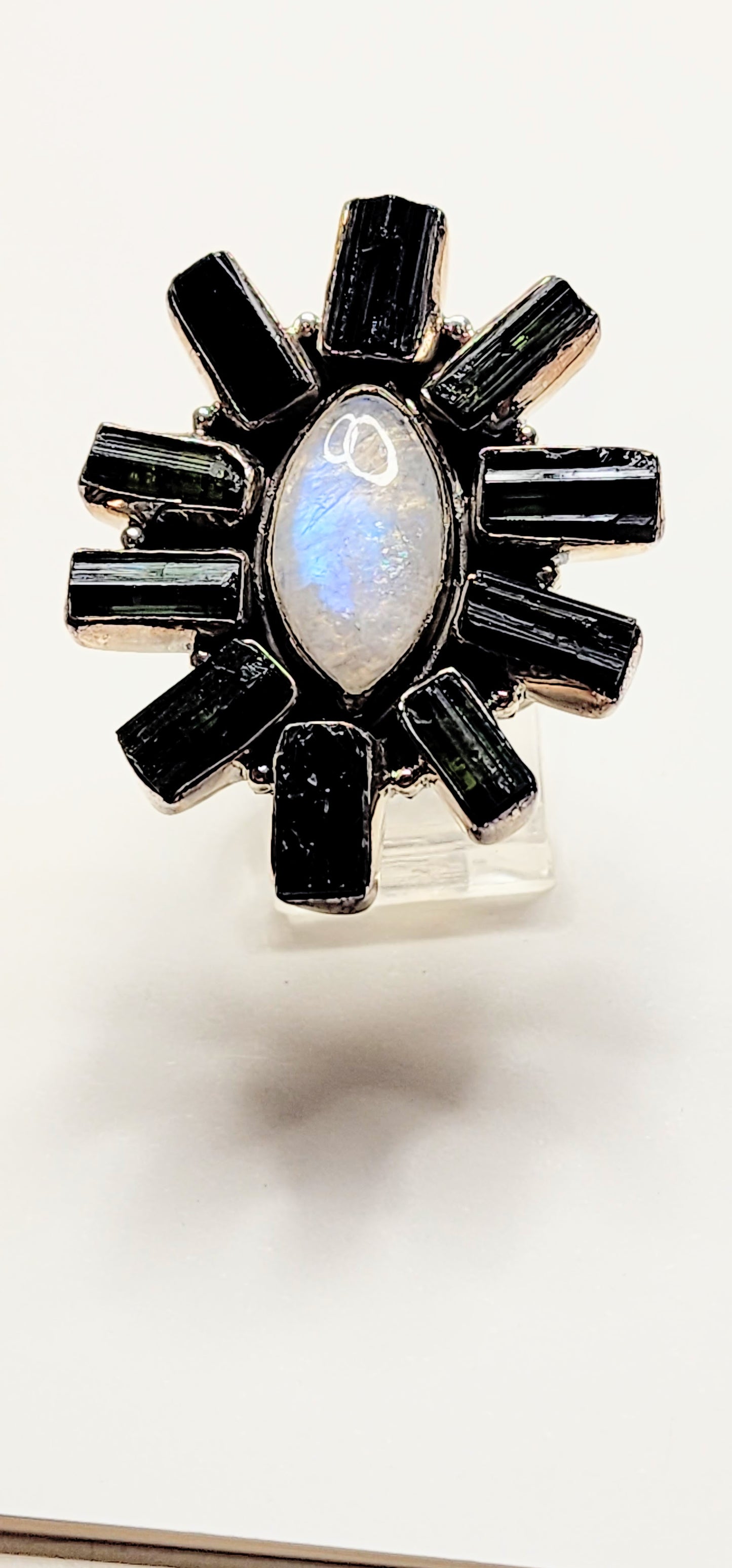 Moonstone & Black Tourmaline Flower Adjustable Ring -   Solid Sterling Silver