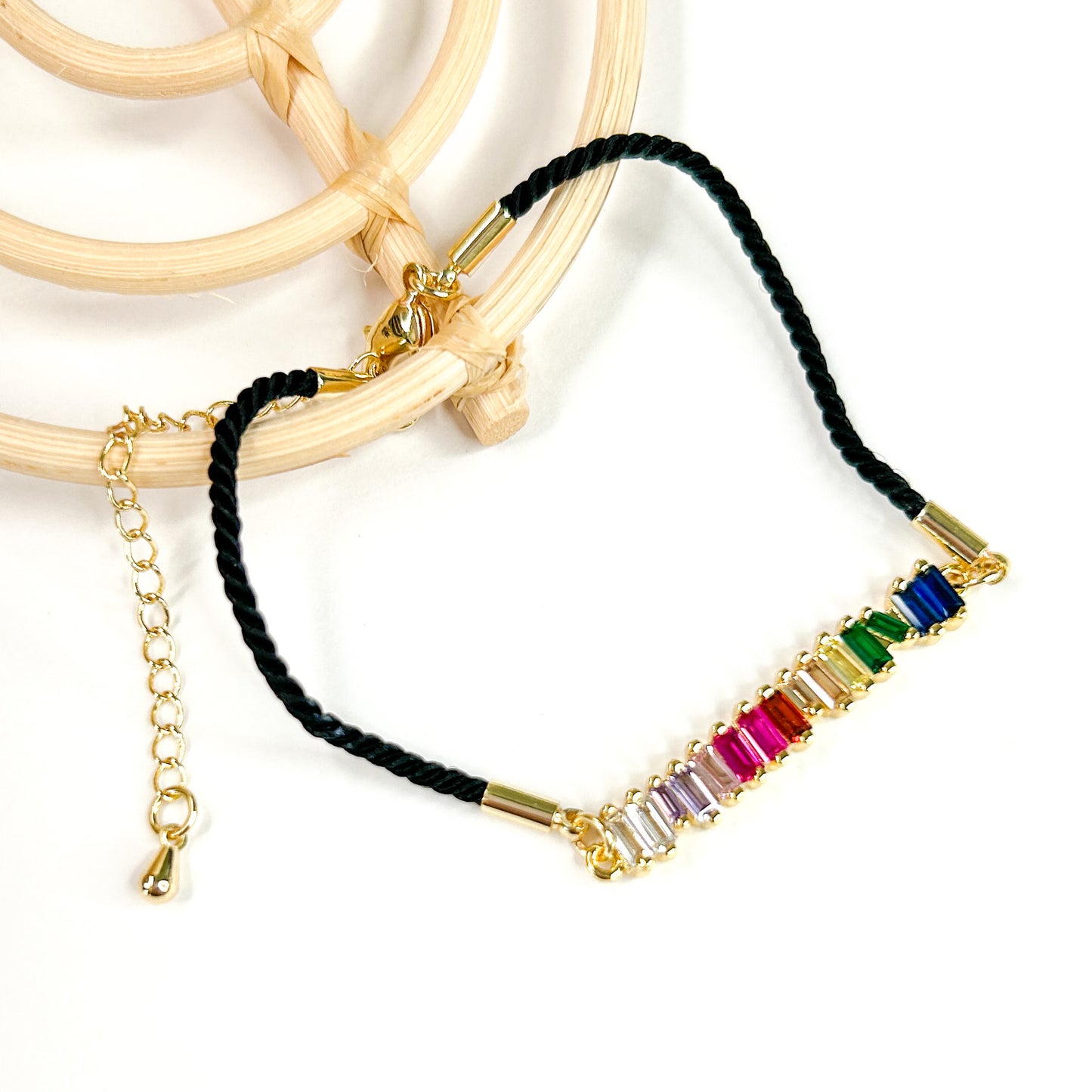 Multi Color Bar w/ Black Rope Bracelet - 18K Gold Filled