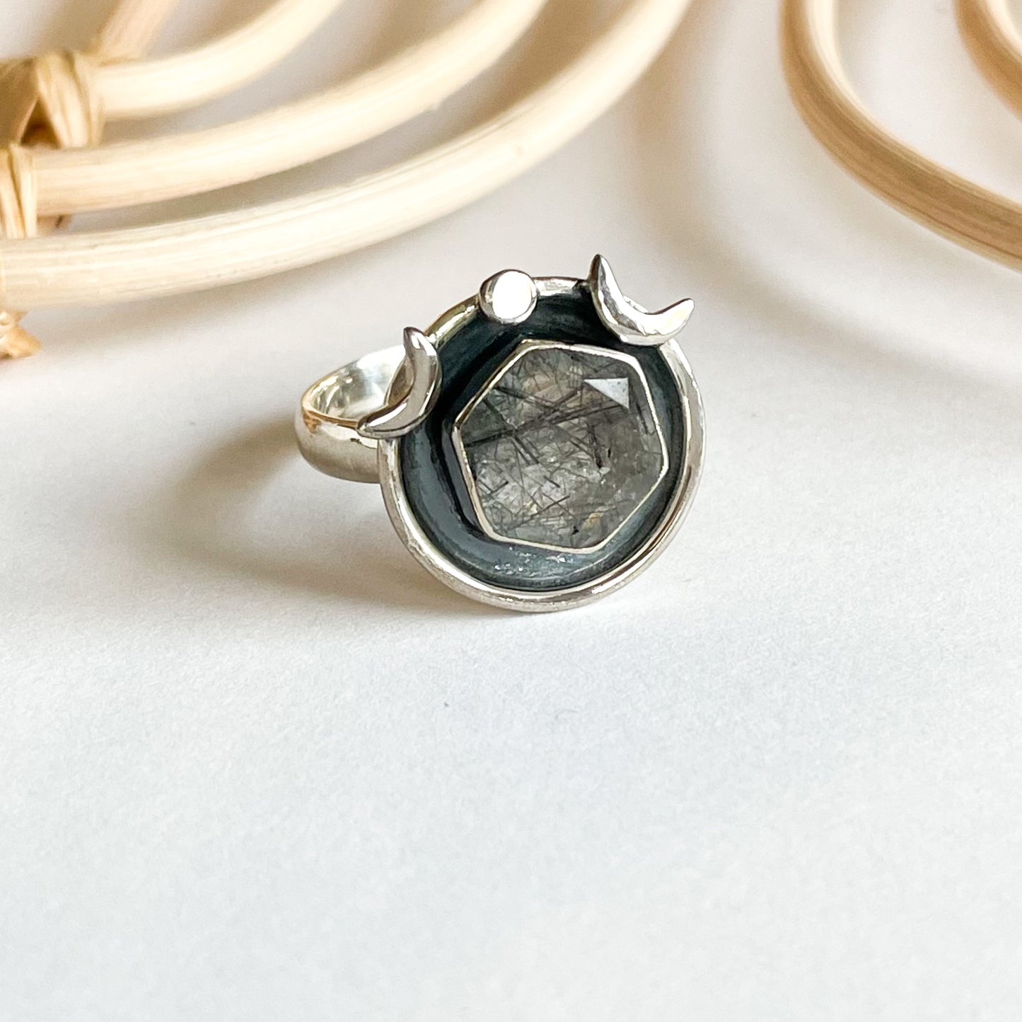 Black Rutilated Quartz Ring- Cosmos Detail - Solid Sterling Silver