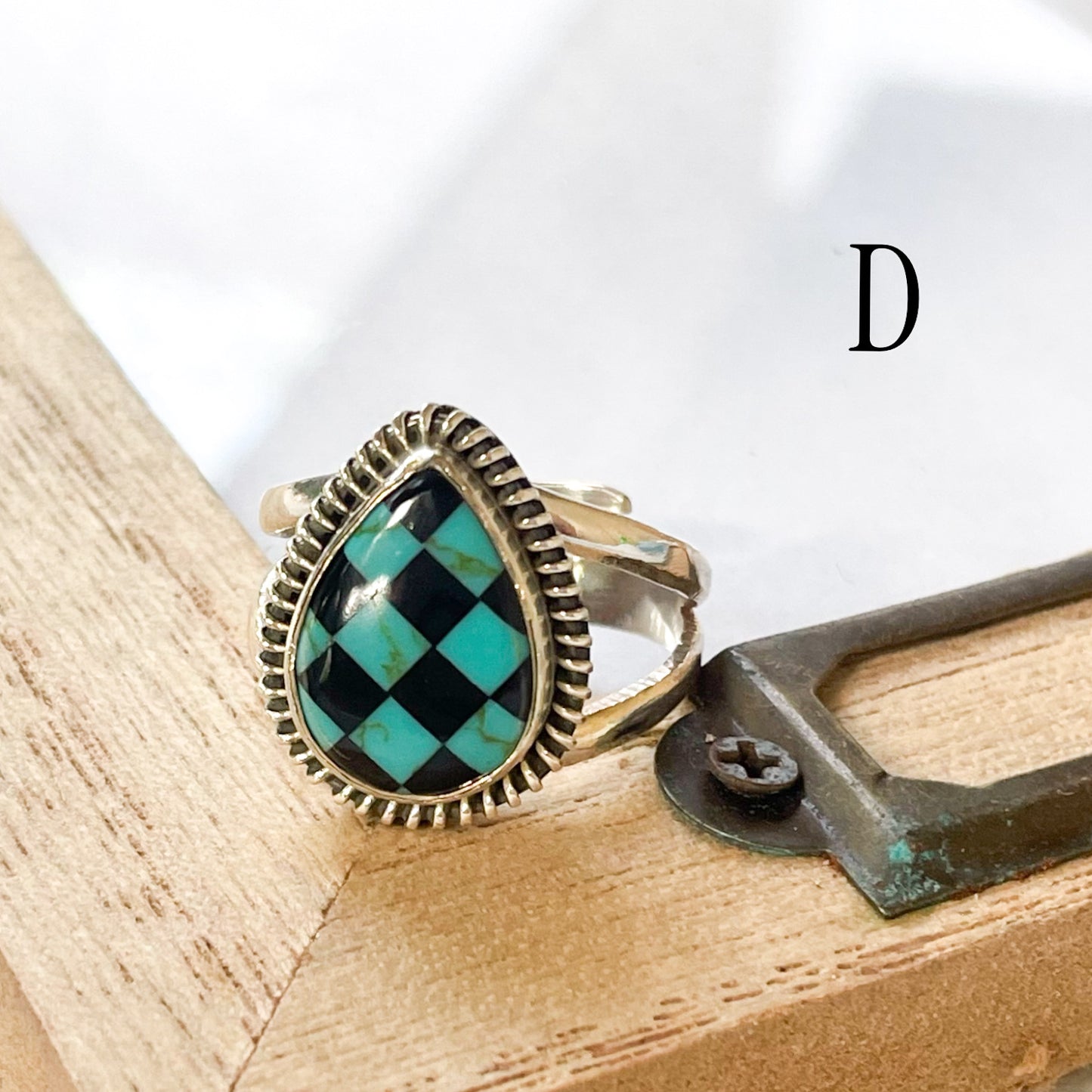 Turquoise & Blk Onyx Inlay Ring - Solid Sterling Silver