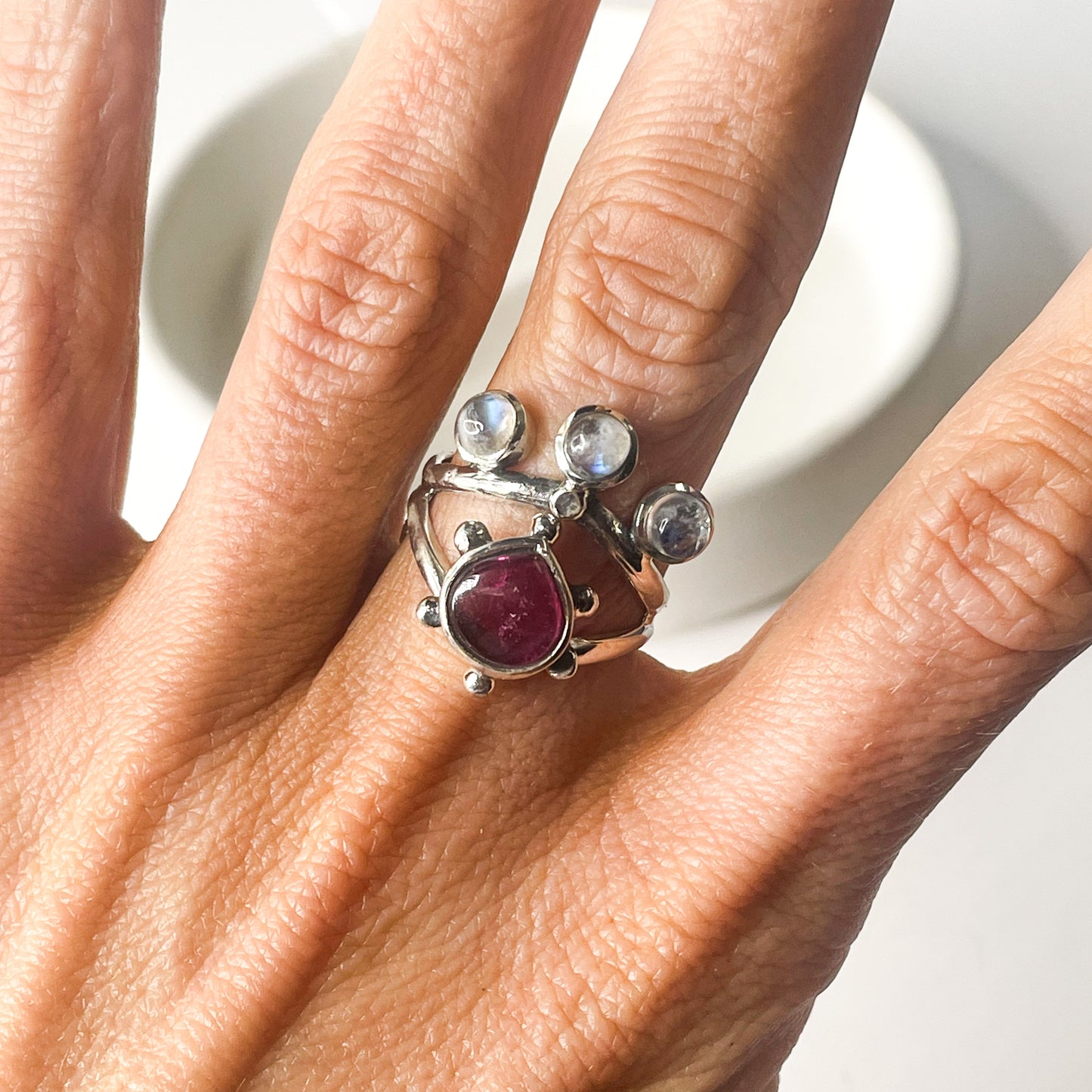 Evil Eye Garnet & Moonstone Ring - Solid Sterling Silver