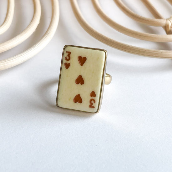 Dainty 3 Of Hearts Bone Card Ring - Alchemia