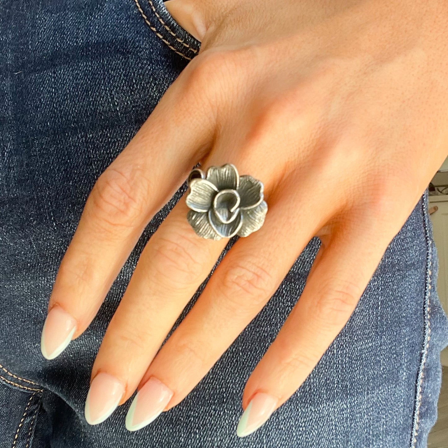 Garnet Rose Flower Ring - Solid Sterling Silver