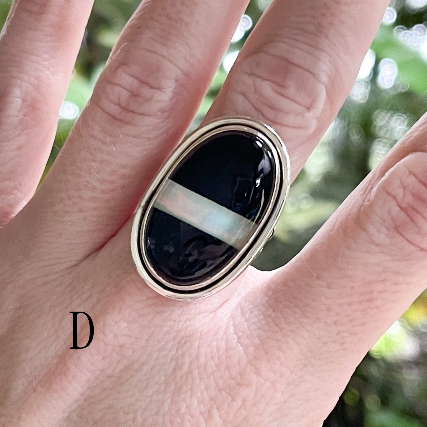Blk Onyx & Single Galaxy Opal Inlay Ring - Solid Sterling Silver