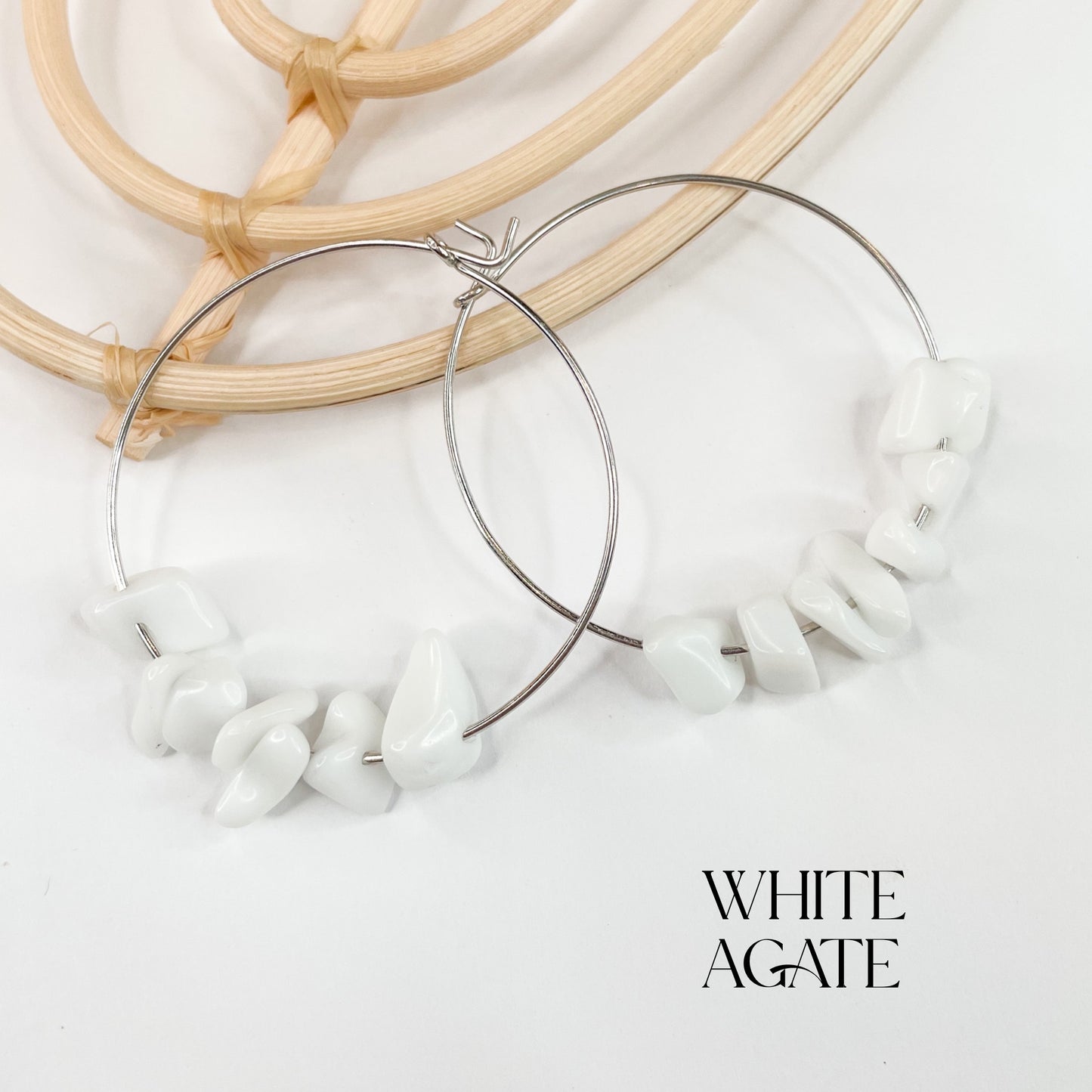 White Agate  Hoops - Solid Sterling Silver