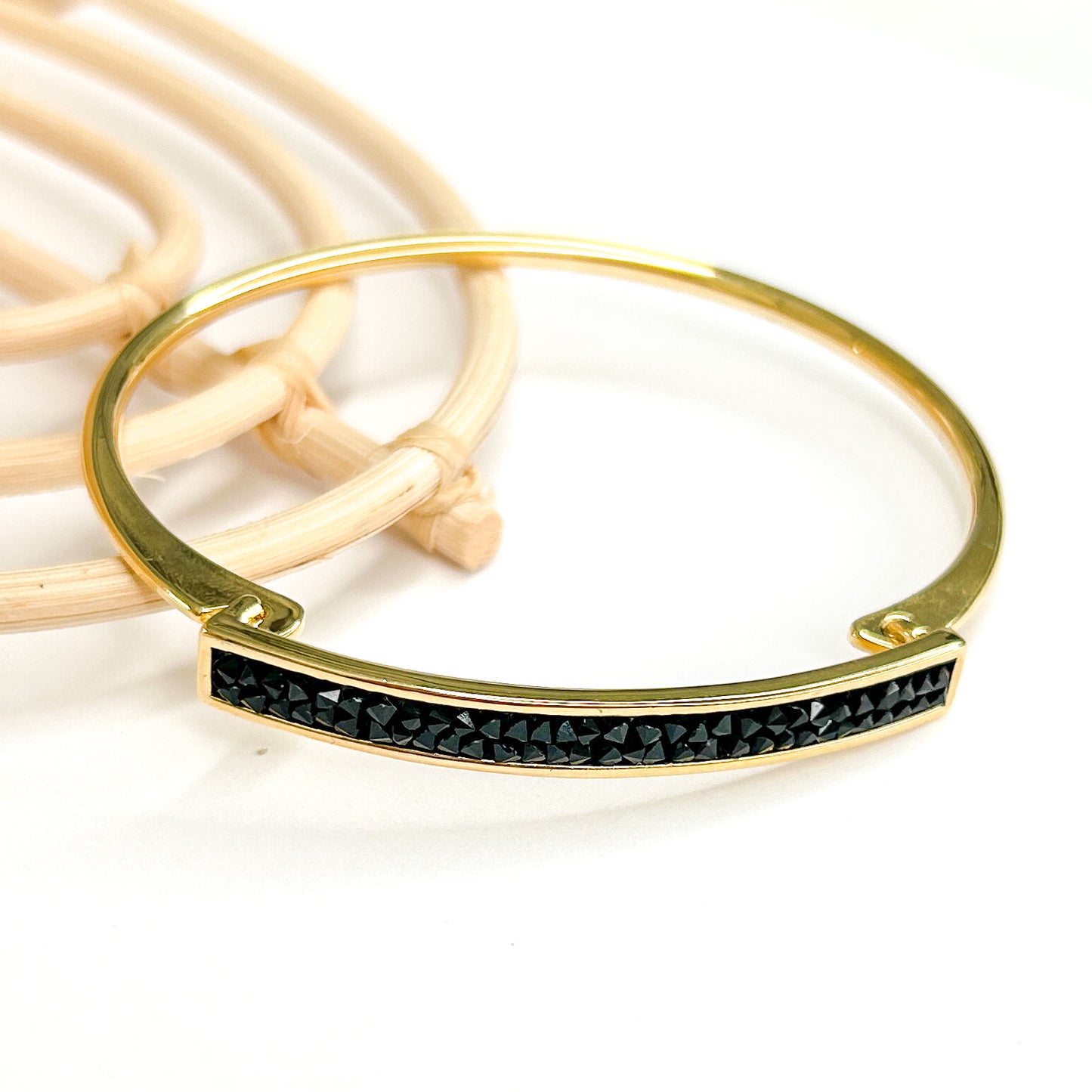 Black Crystal Bangle Cuff - 18K Gold Filled