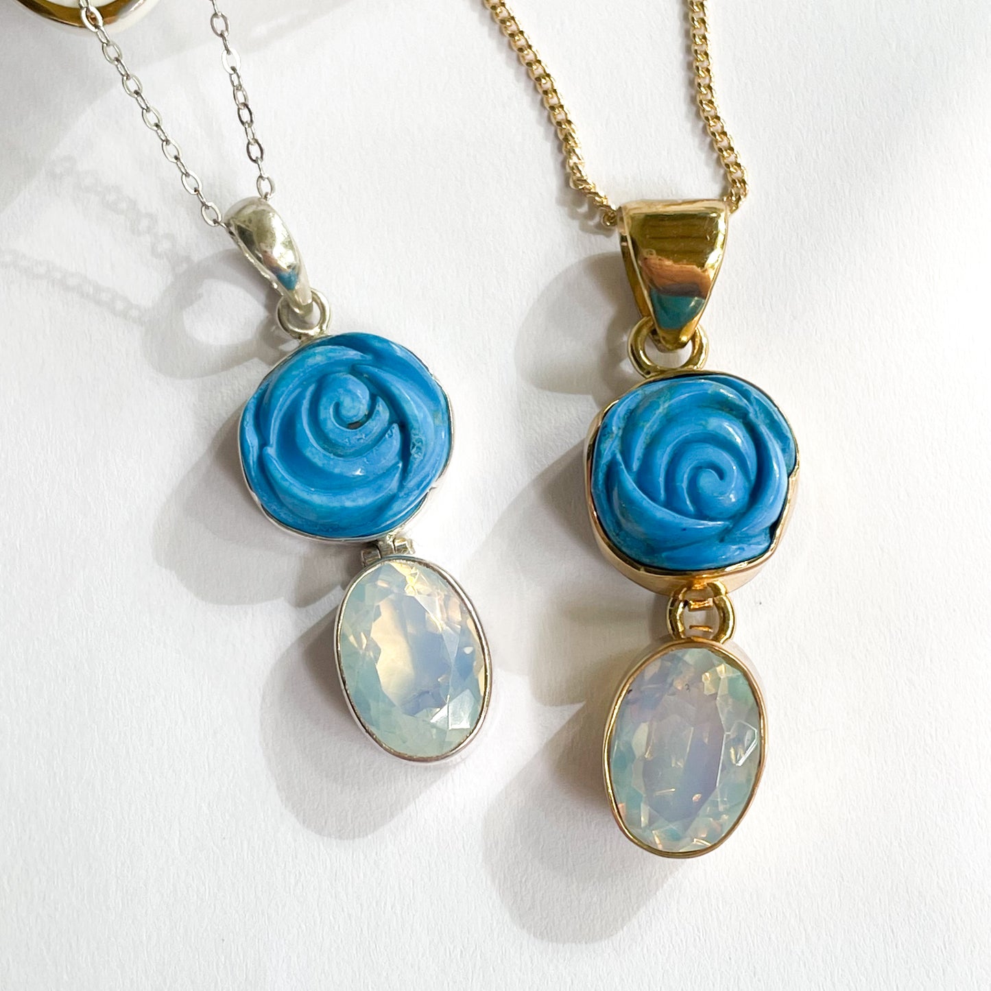 Blue Resin Rose & Opalite Pendant - Both Metals