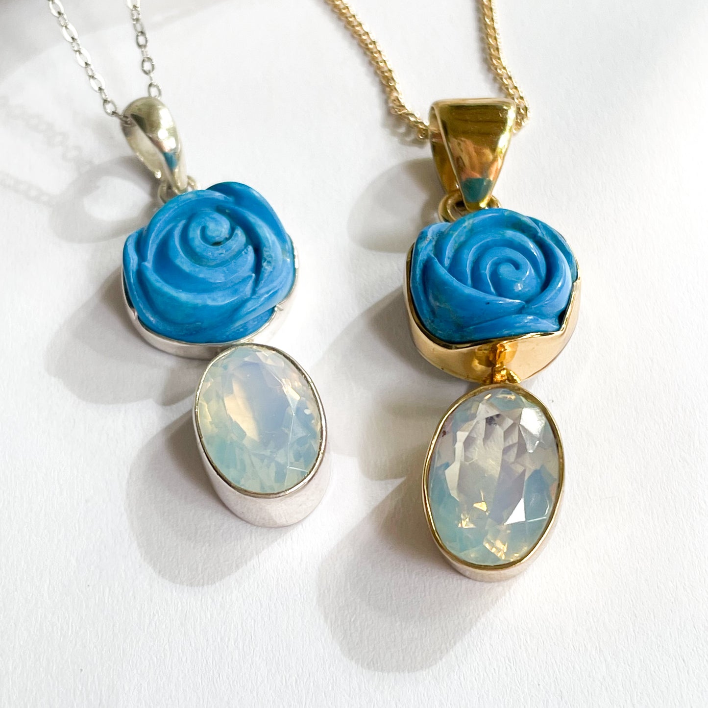 Blue Resin Rose & Opalite Pendant - Both Metals