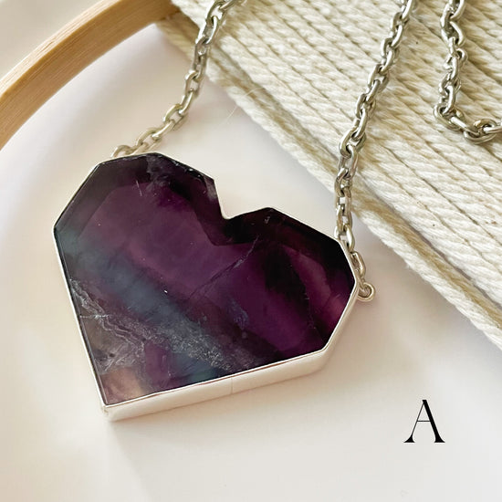 Fluorite Heart Statement Necklace - Solid Sterling Silver
