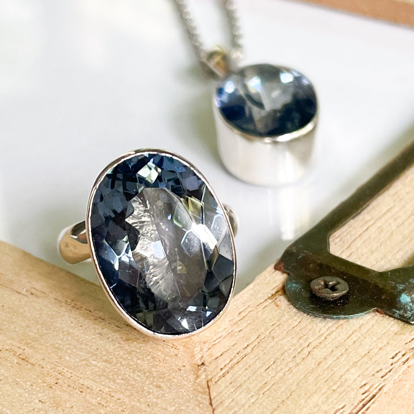 Blue Quartz Gemstone Ring & Pendant - Solid Sterling Silver