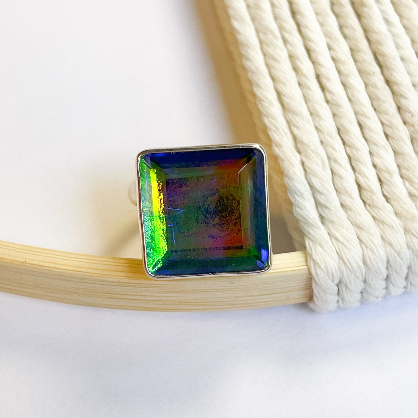 Square Mystical Glass Ring - Solid Sterling Silver