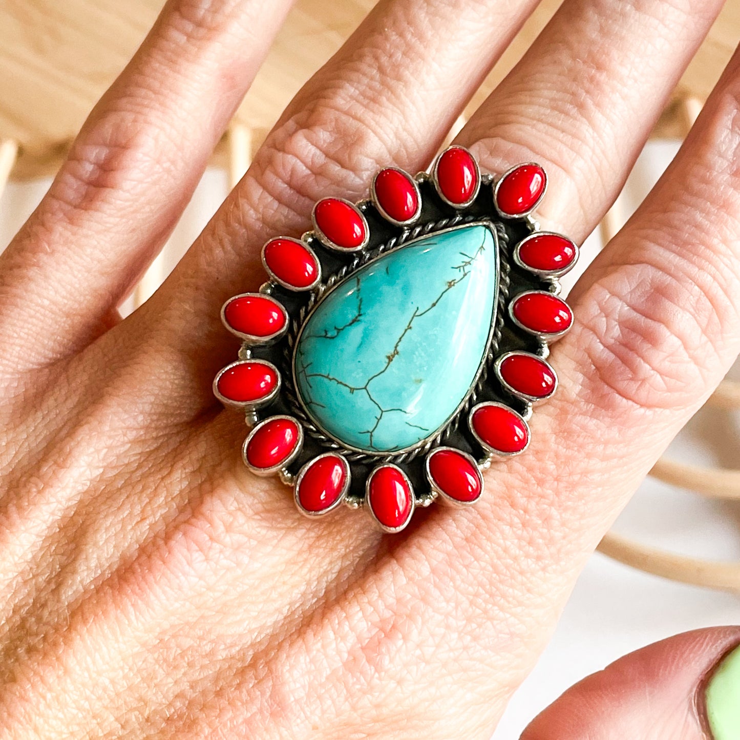 Turquoise & Red Coral Ring - Solid Sterling Silver