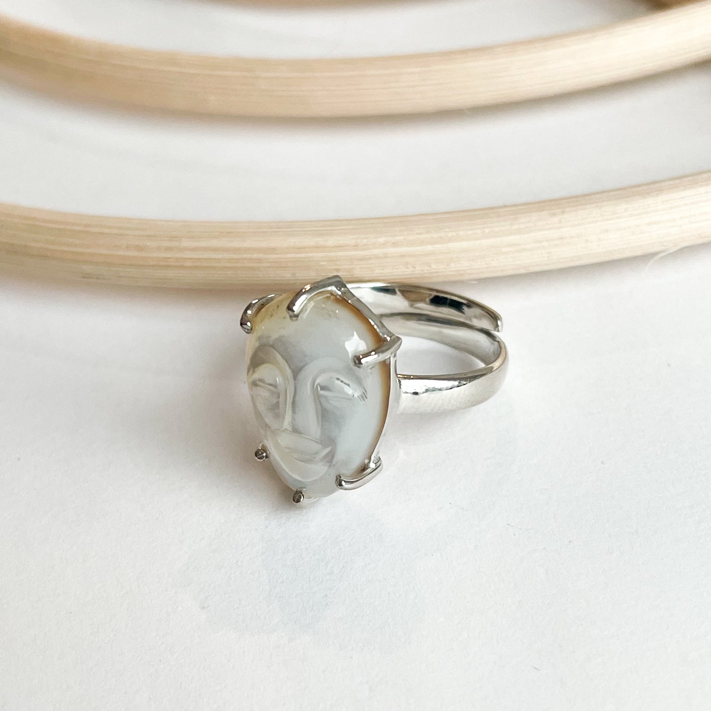 Mother Of Pearl Face Moon Ring - Solid Sterling Silver