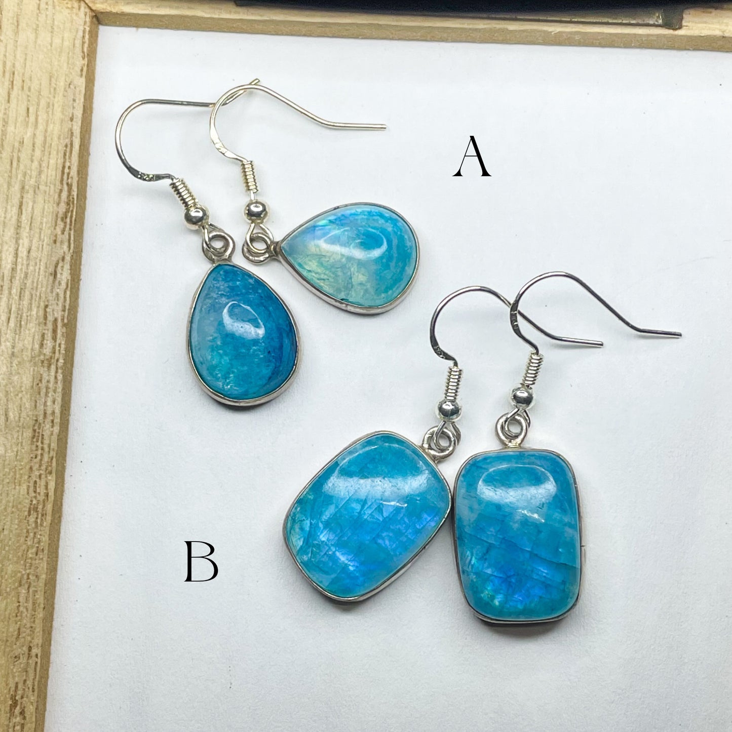 Blue Rainbow Moonstone Earrings - Solid Sterling Silver