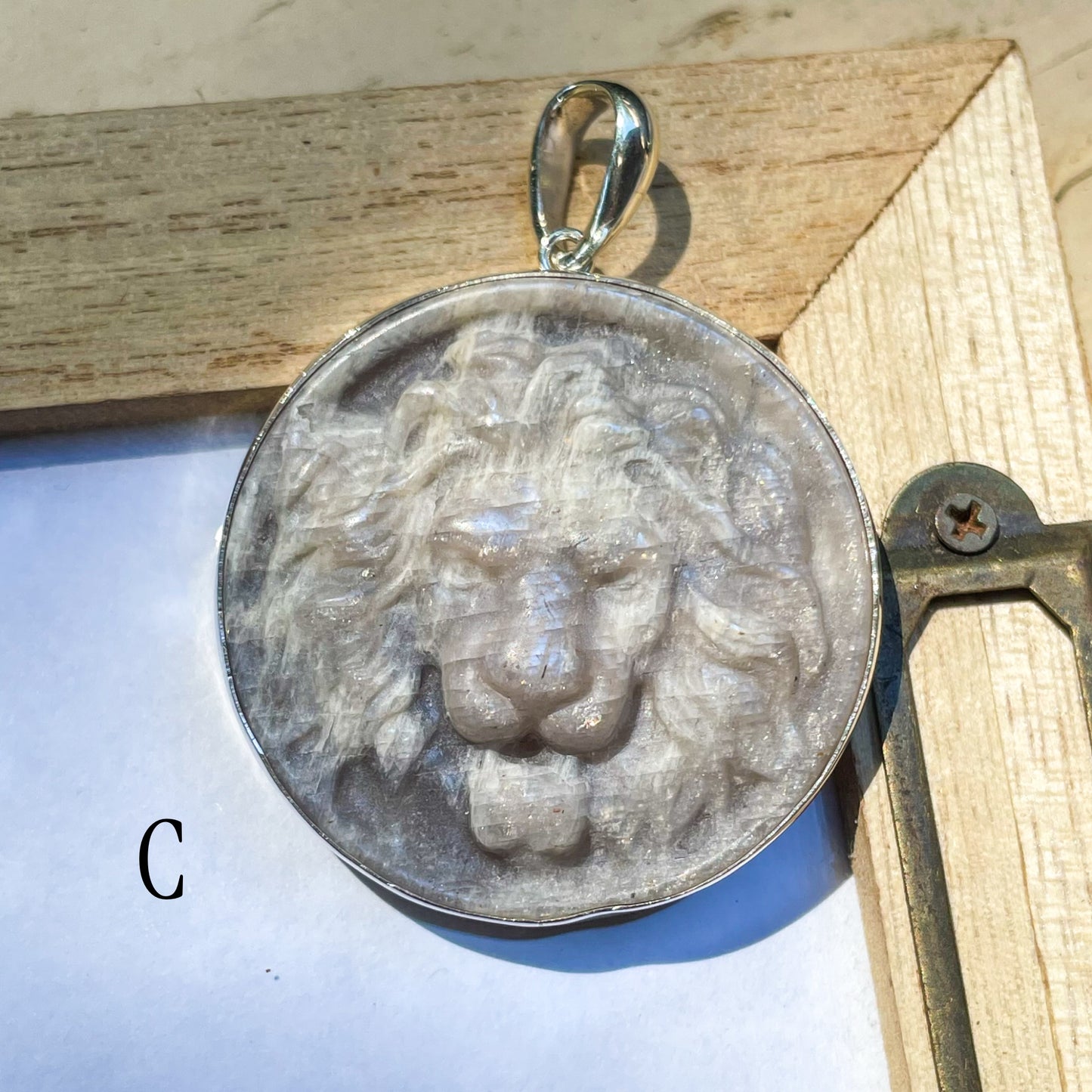 White Moonstone Round Tiger Pendant - Both Metals