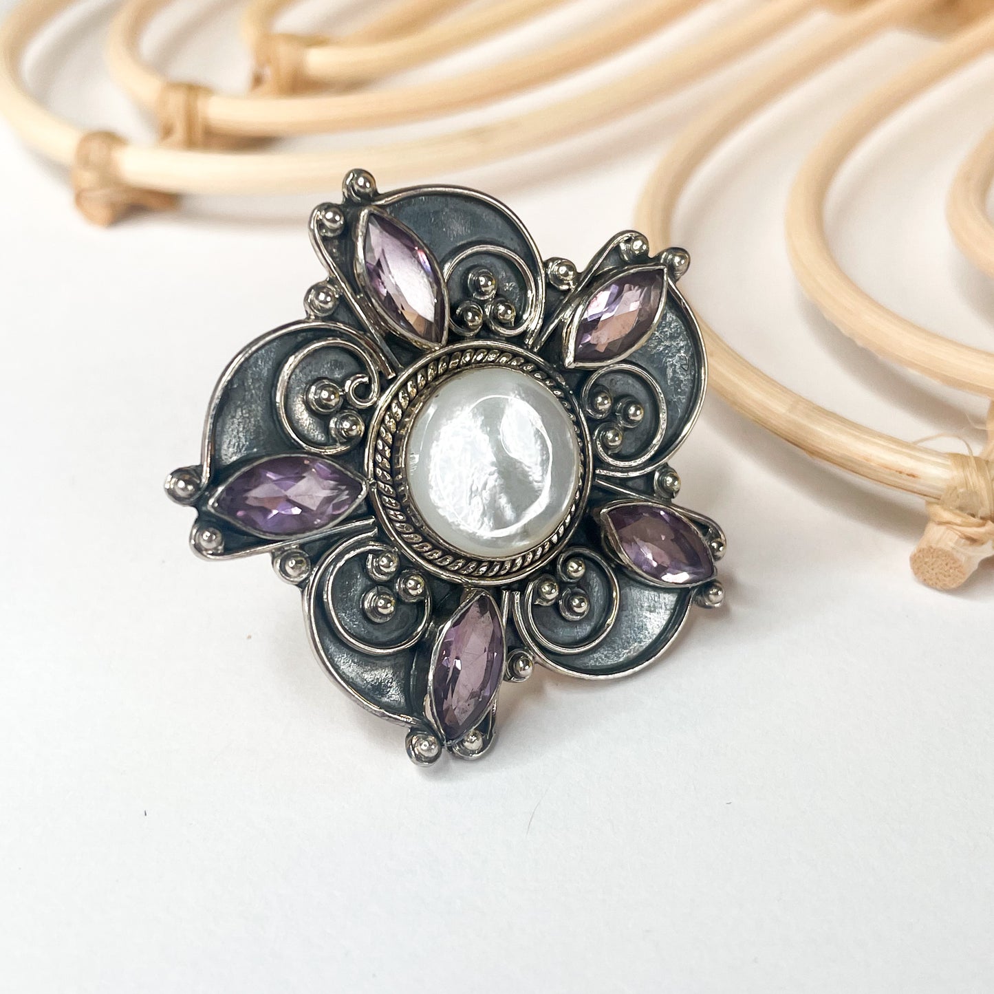 MOP & Amethyst Antique Flower Ring - Solid Sterling Silver