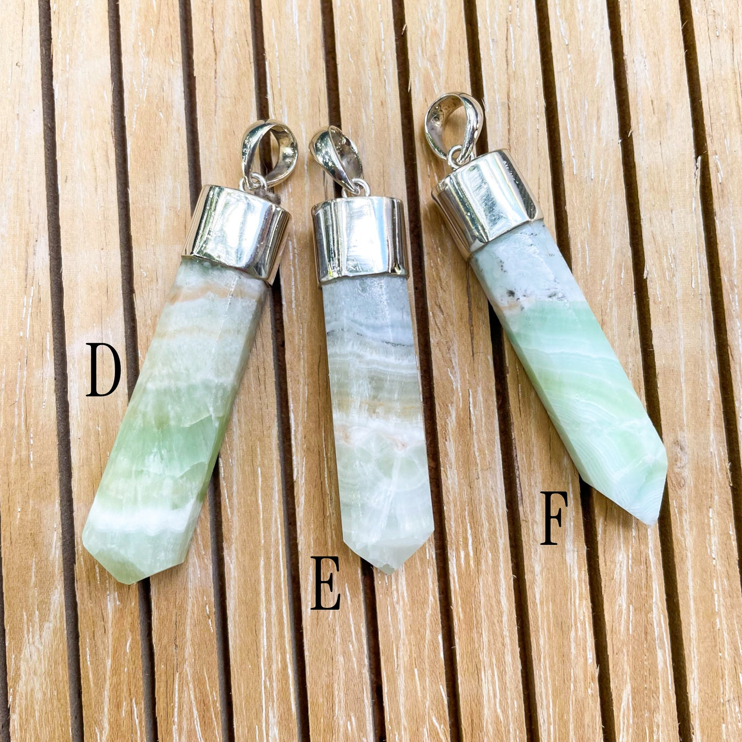 Green Aragonite Point Pendant - Solid Sterling Silver