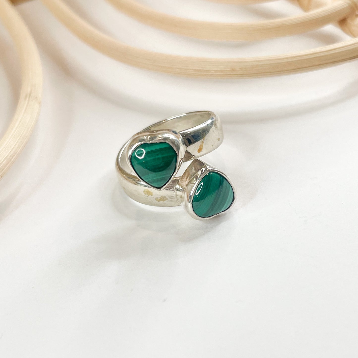 Load image into Gallery viewer, Malachite Heart Bypass  Adjustable Ring - Solid Sterling Silver
