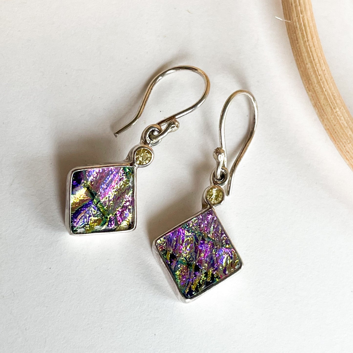 Dichroic Glass Dainty Drop Earrings - Solid Sterling Silver