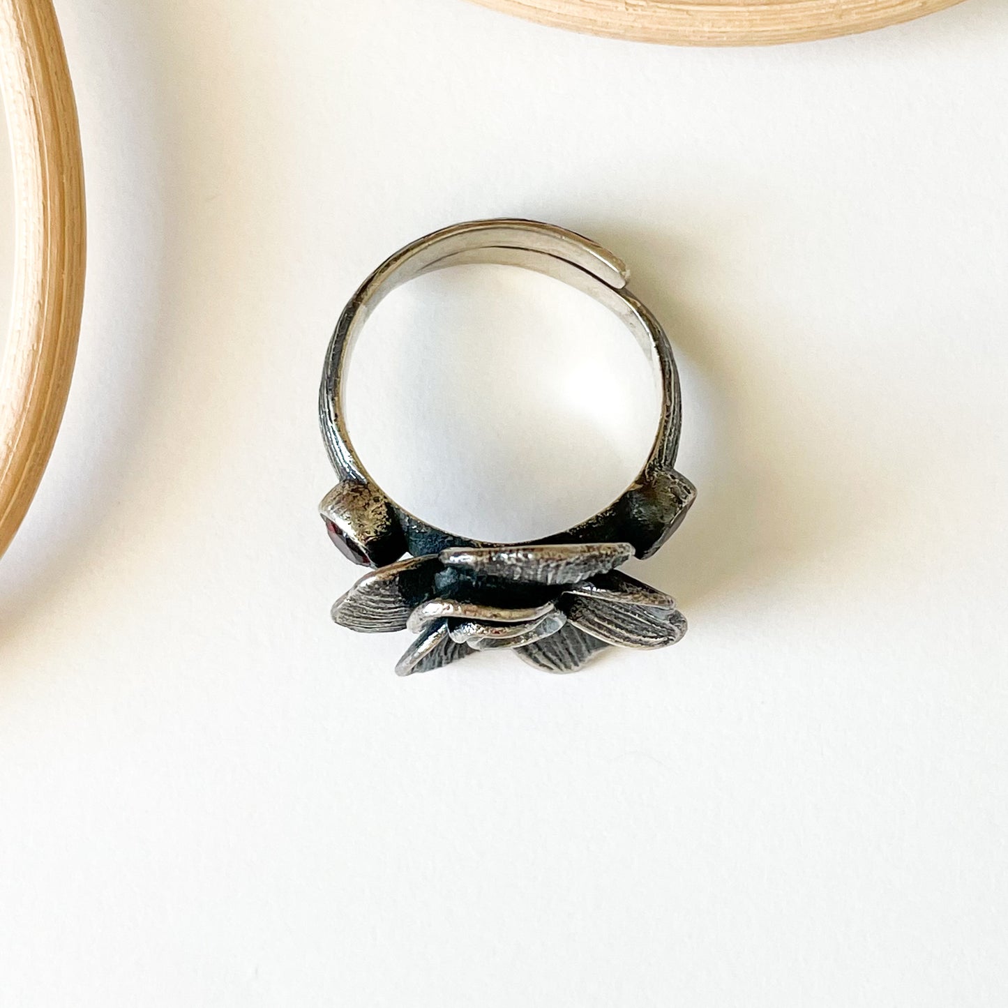 Garnet Rose Flower Ring - Solid Sterling Silver