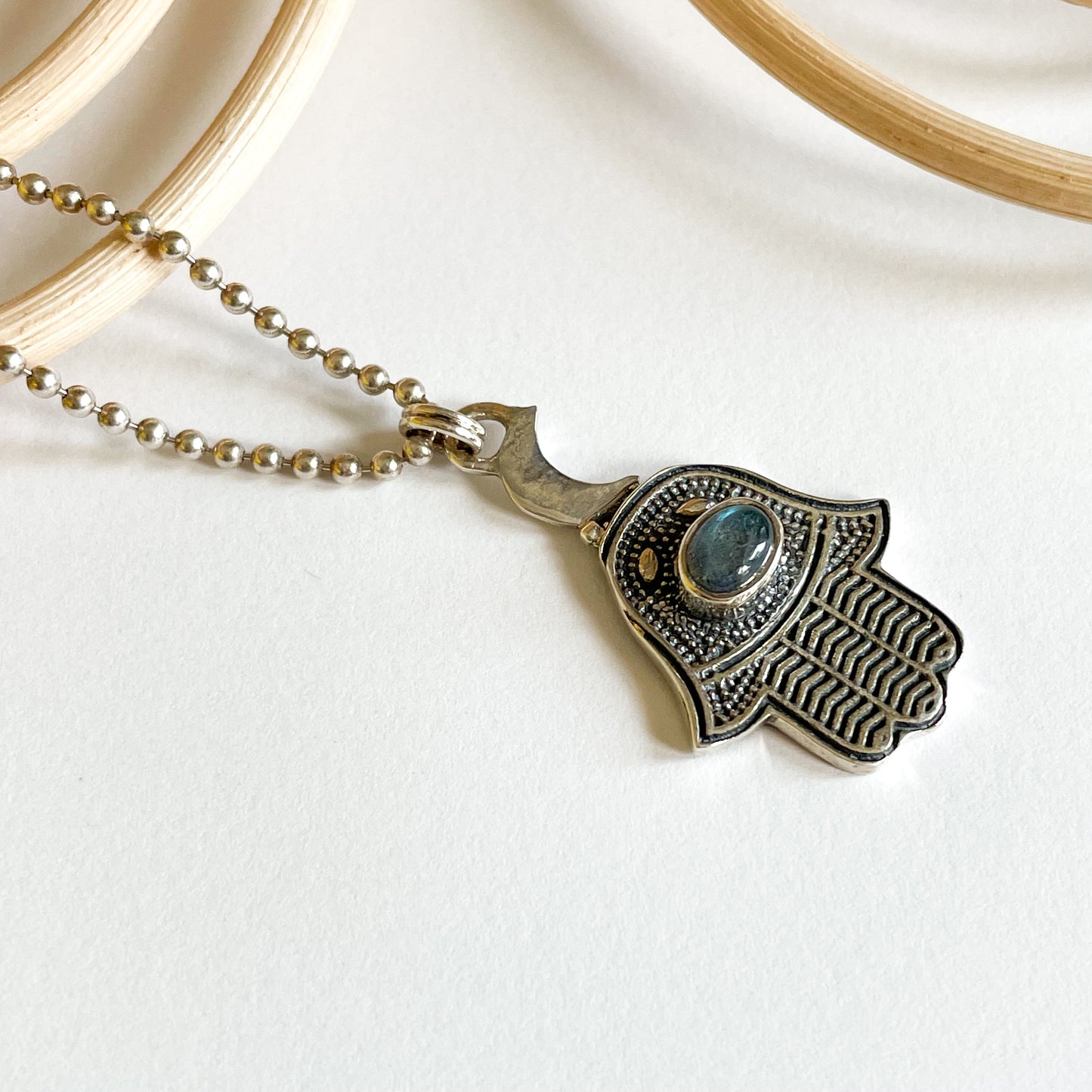 Hand & Labradorite Pendant - Solid Sterling Silver