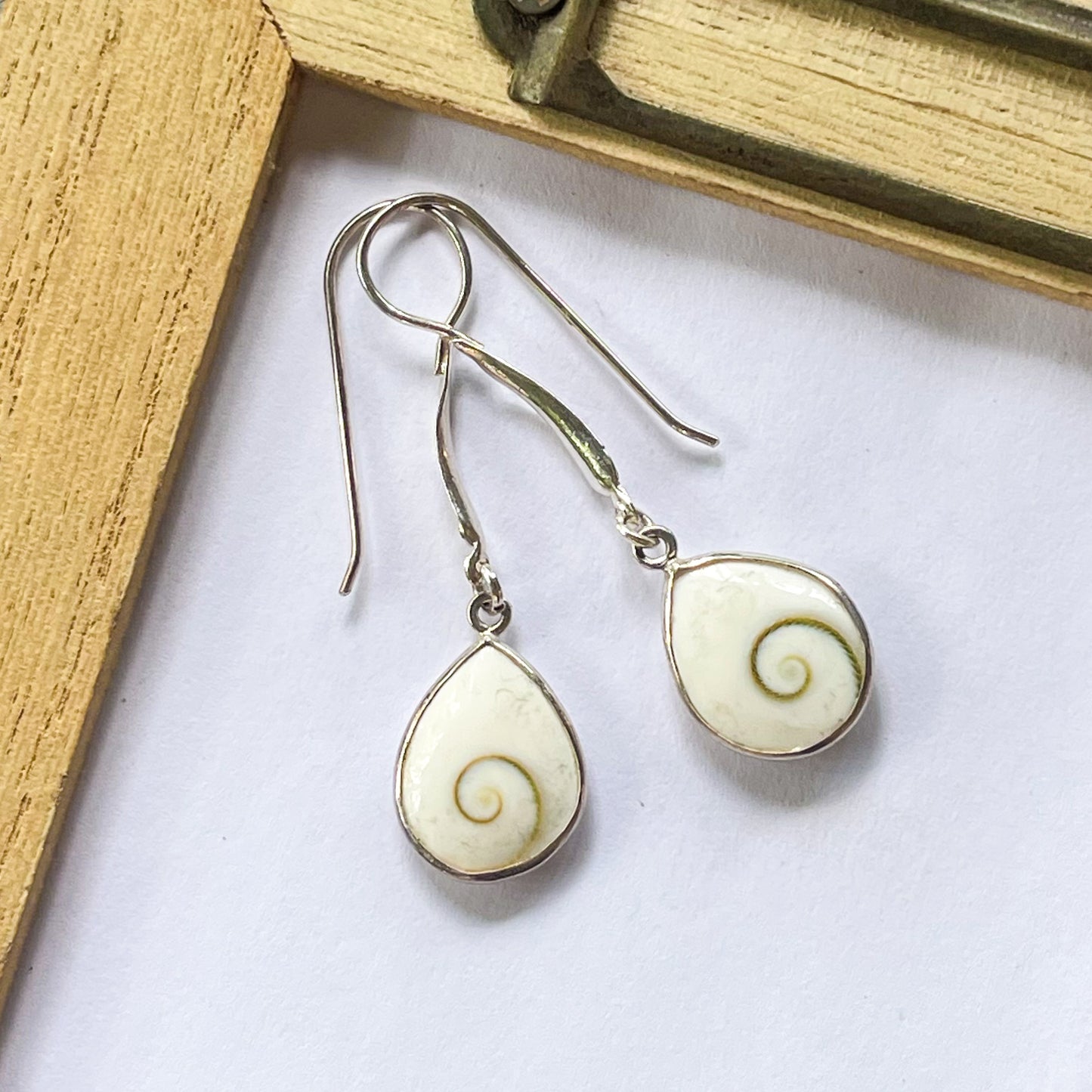 White Shell Swirl Dangle Earrings - Solid Sterling Silver