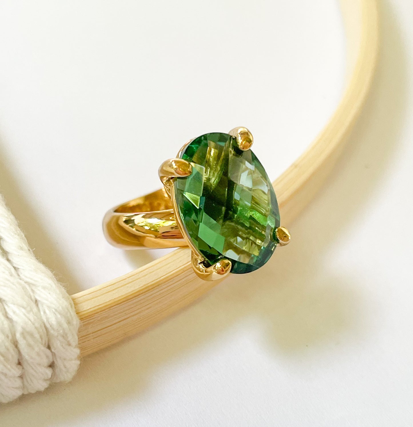 Faceted Oval Green Quartz Prong Ring - Alchemia