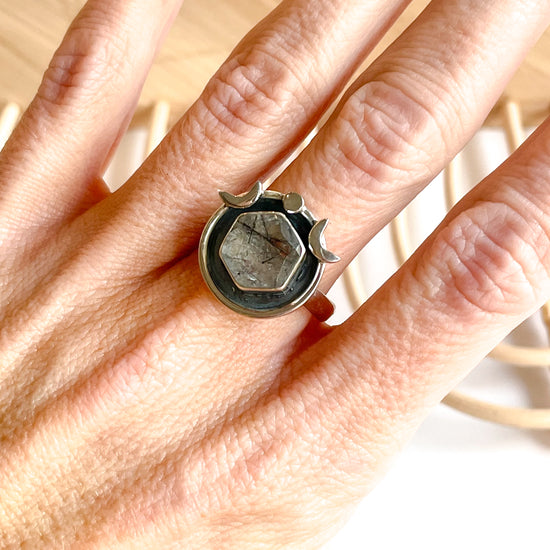 Black Rutilated Quartz Ring- Cosmos Detail - Solid Sterling Silver