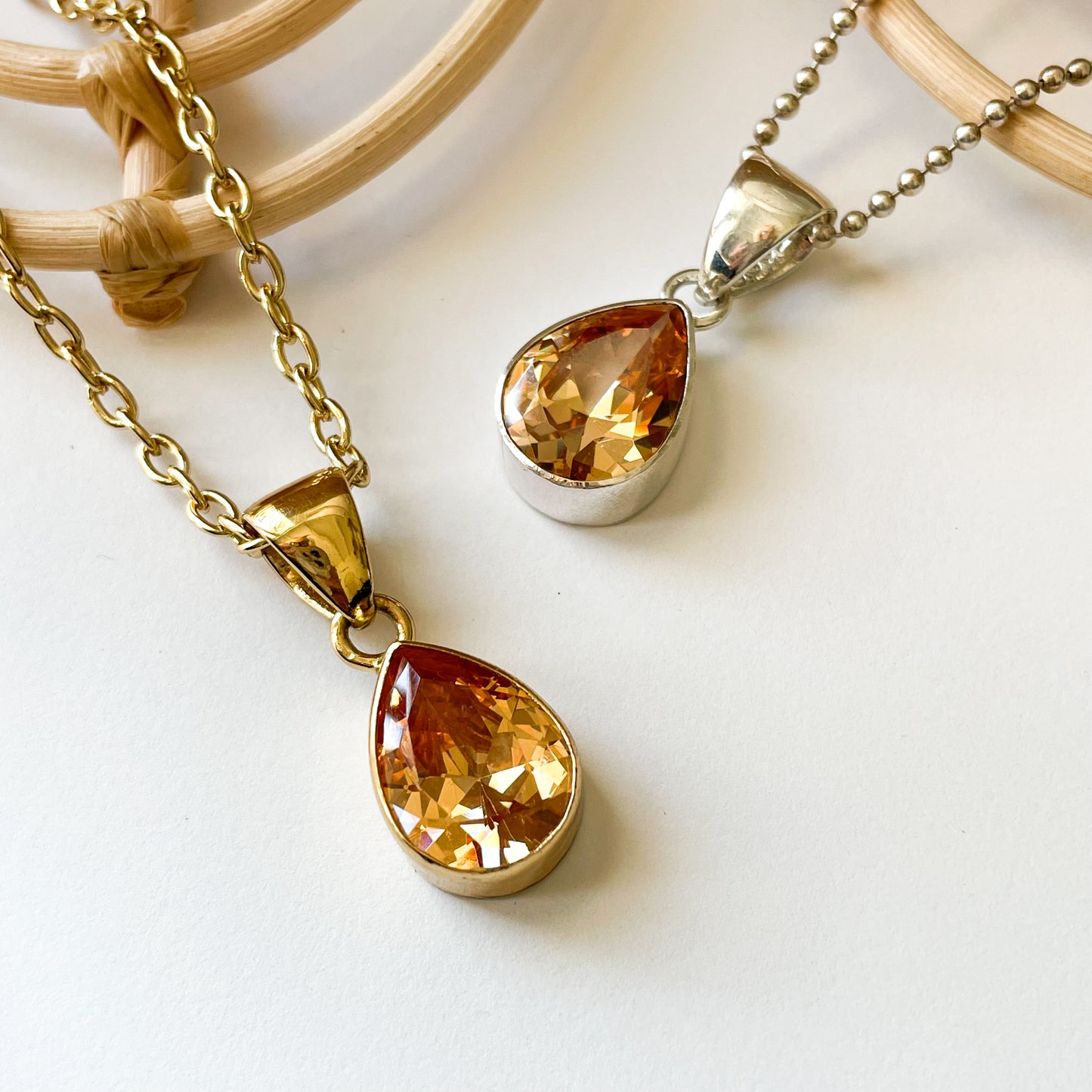 Champagne Teardrop CZ Pendant - Both Metals