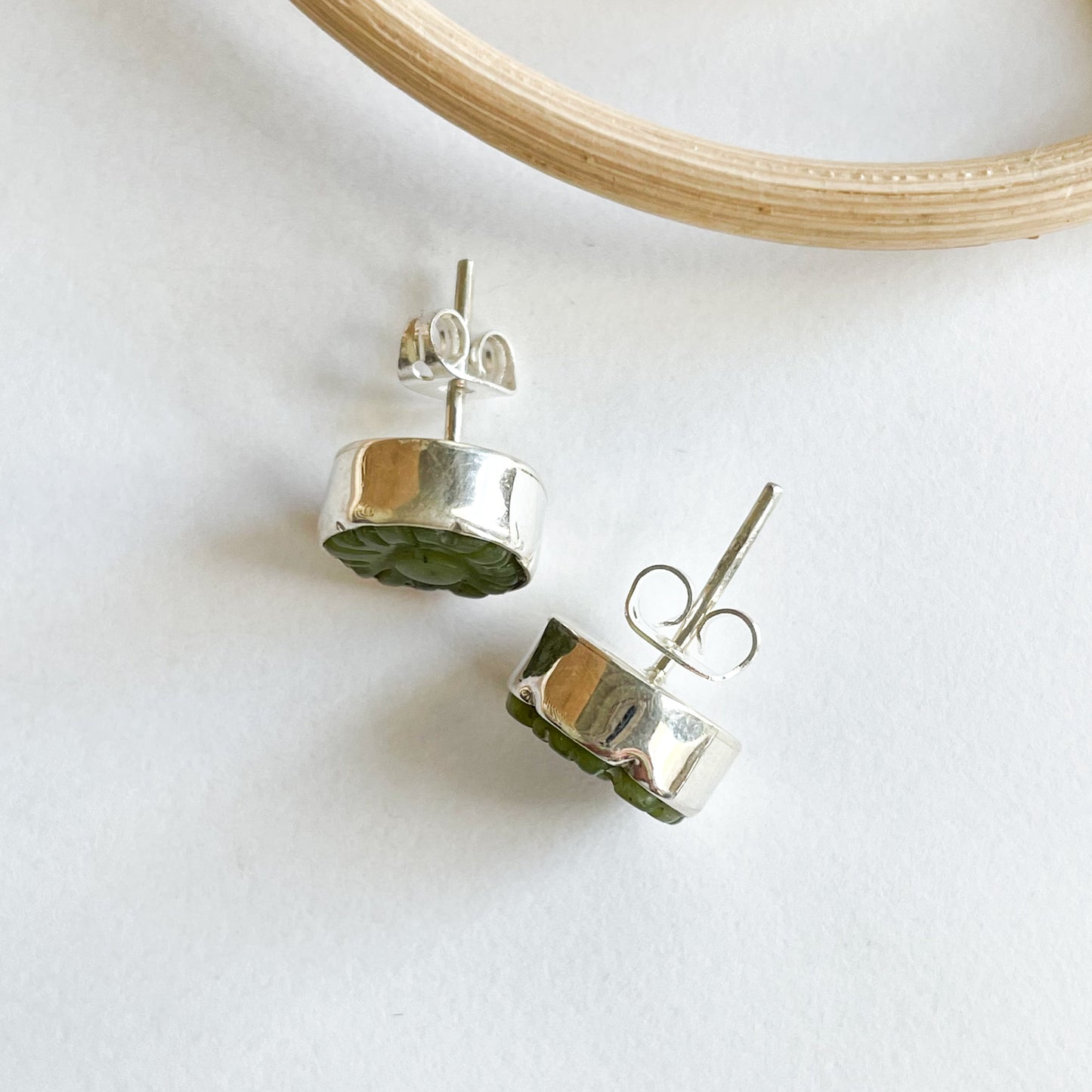 Green Flower Jade Studs - Solid Sterling Silver
