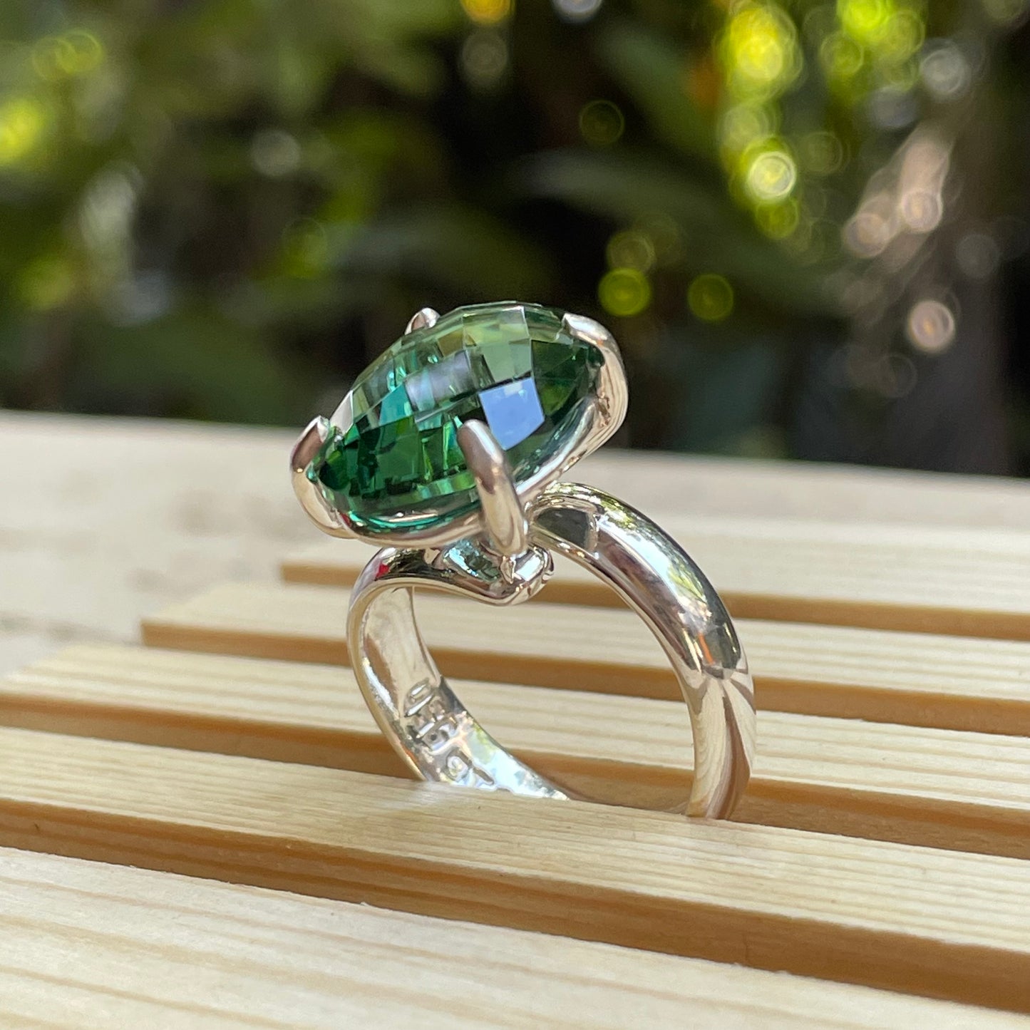Green Quartz Faceted Prong Ring - Solid Sterling Silver