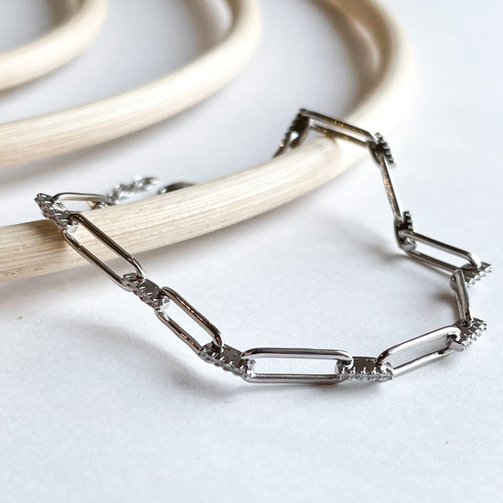 CZ Link Paperclip Chain Bracelet - Solid Sterling Silver