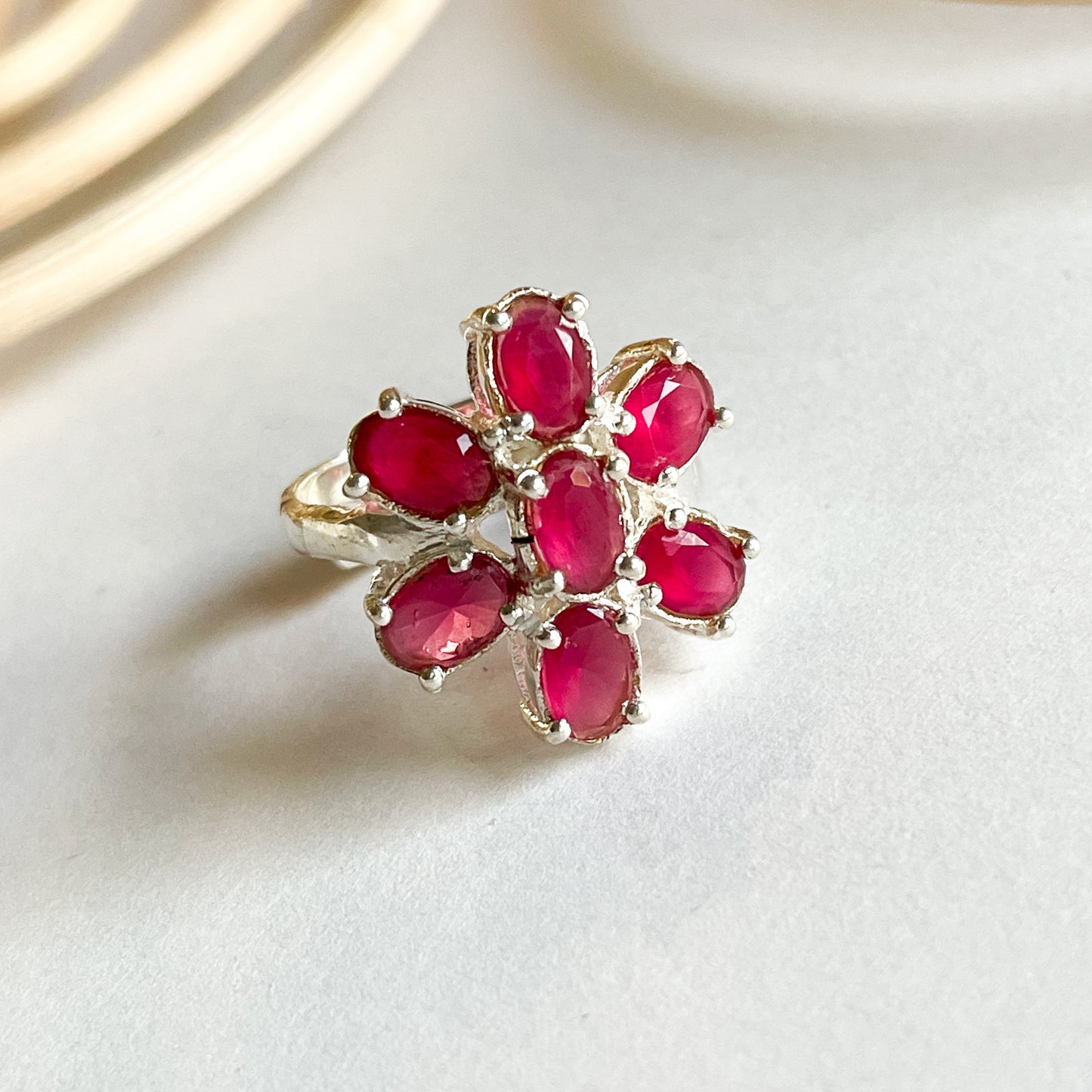 Pink Sapphire Flower Ring - Solid Sterling Silver
