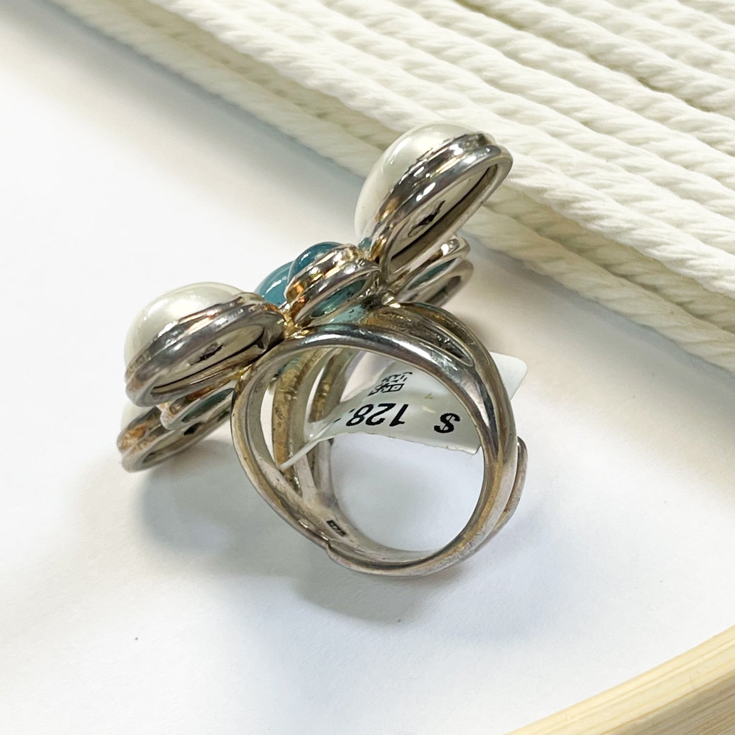 Blue Chalcedony Pearl Statement Ring - Solid Sterling Silver