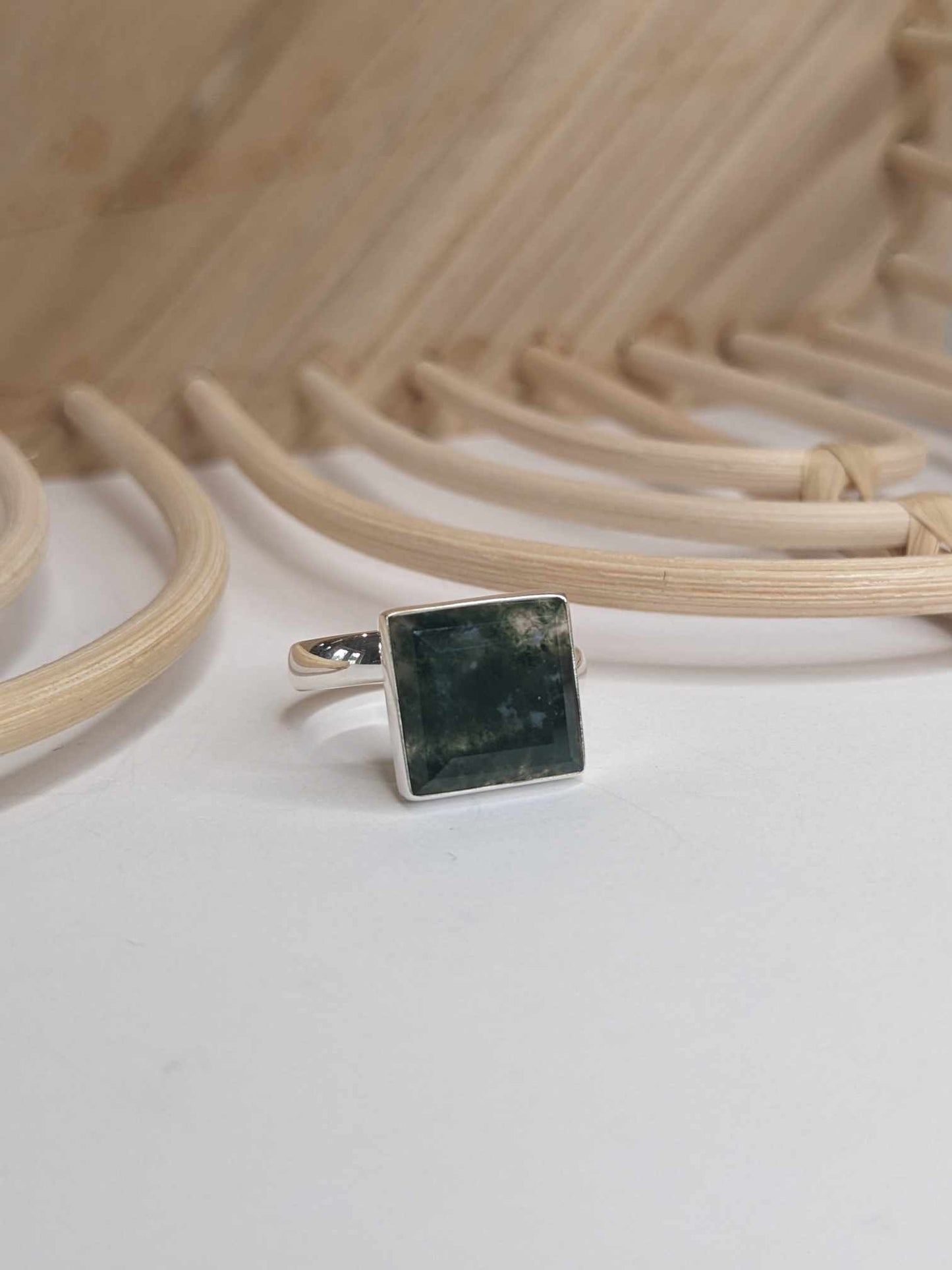 Moss Agate Square Ring - Solid Sterling SIlver