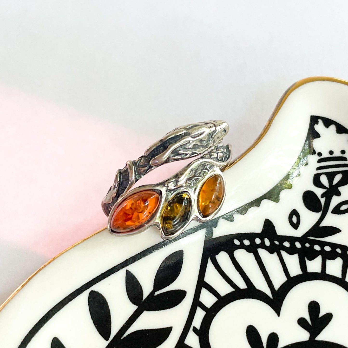 Dragon Amber Bypass Ring - Solid Sterling Silver