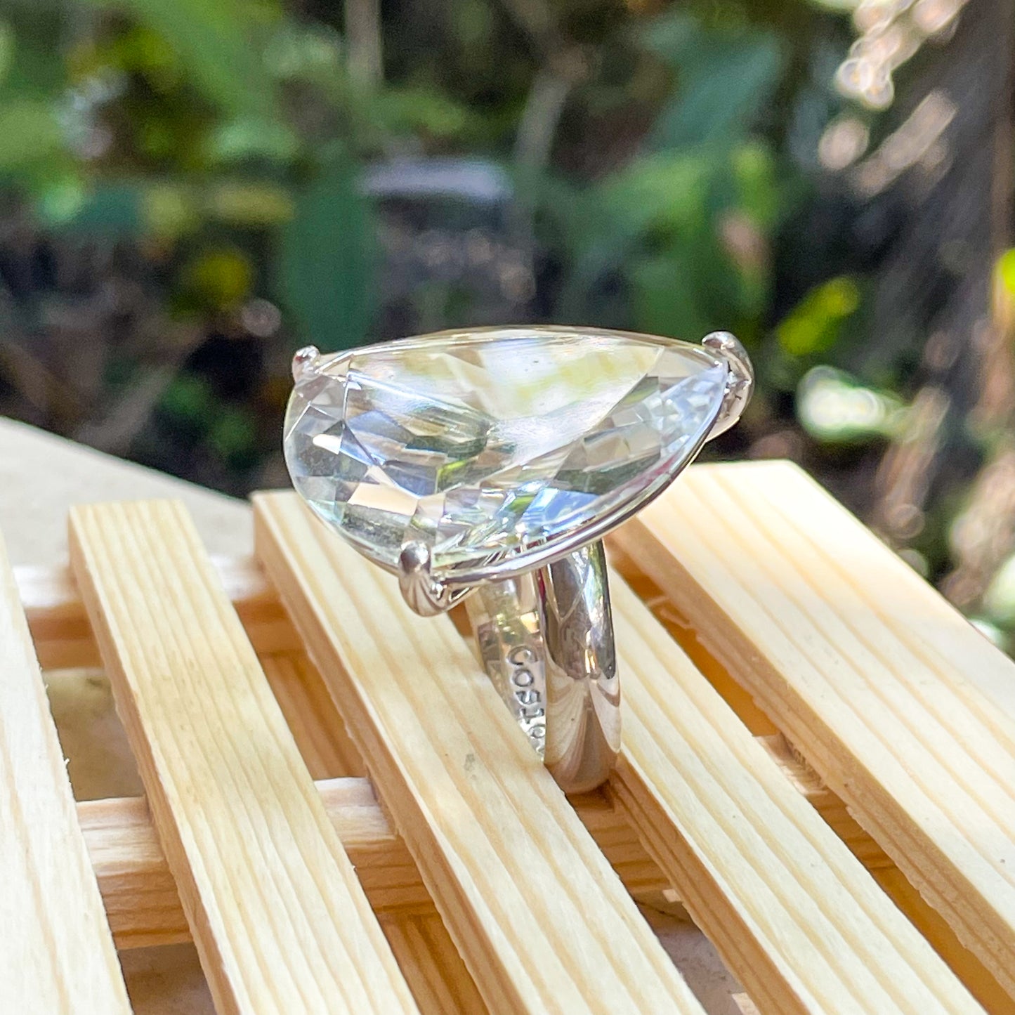 Trillion Clear Glass Prong Ring- Solid Sterling Silver