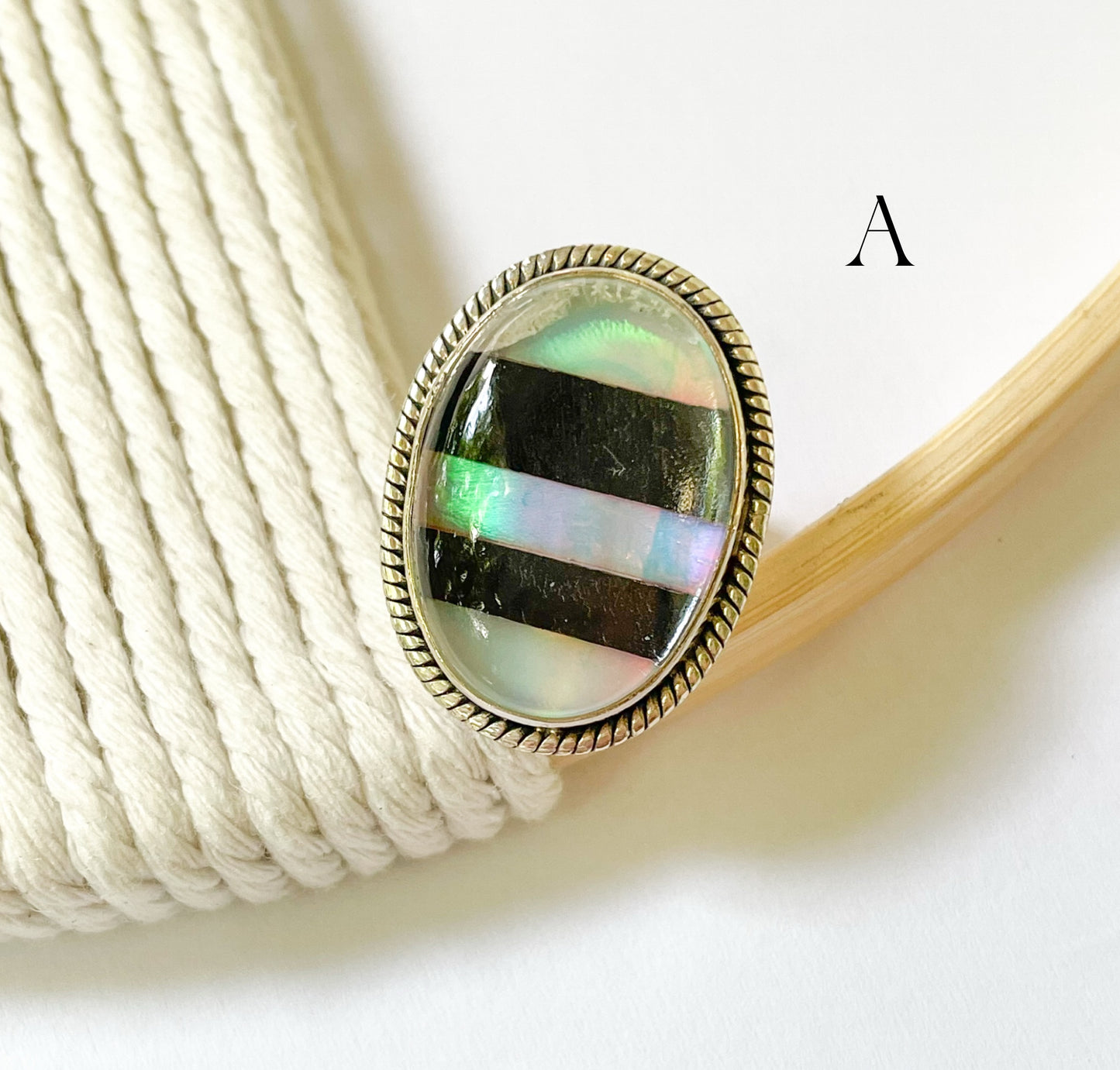 Galaxy Opal & Black Onyx Lined Ring - Solid Sterling Silver