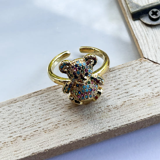 Colorful CZ Teddy Bear Adj Ring - 18k Gold Filled