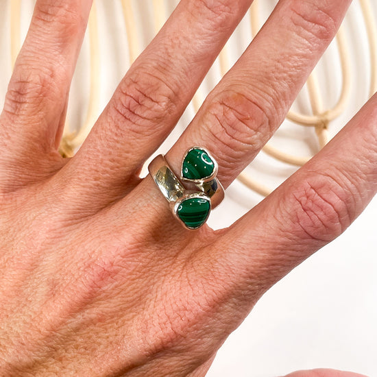 Load image into Gallery viewer, Malachite Heart Bypass  Adjustable Ring - Solid Sterling Silver
